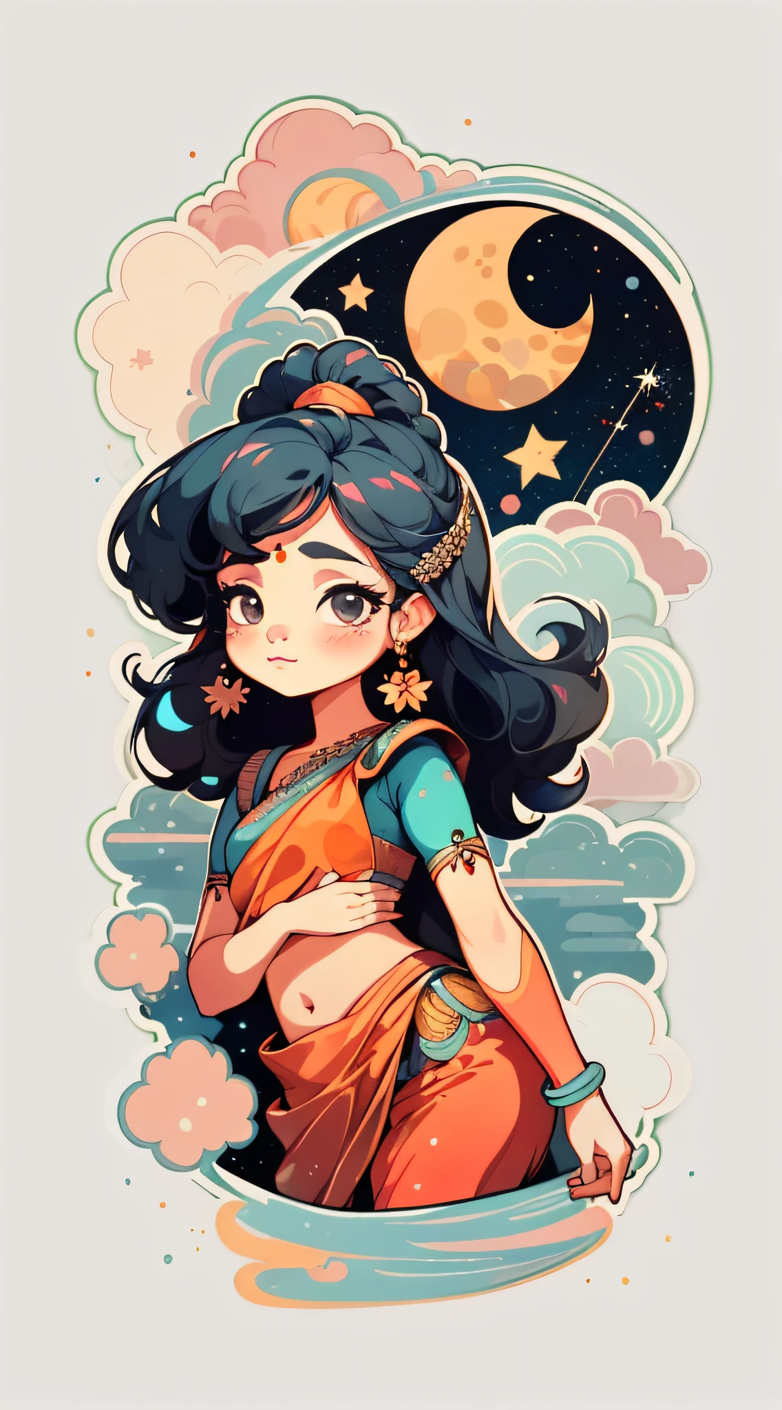 1 sticker, sticker, (cute woman), (gorgeous saree), (gorgeous indian traditional hair accessory), (indian traditional hairstyle), diwali fireworks, clouds, behind is a huge round moon, stars, white background, no background, simple background, minimal, cute, tiny, pastel color, vector style, no gradient