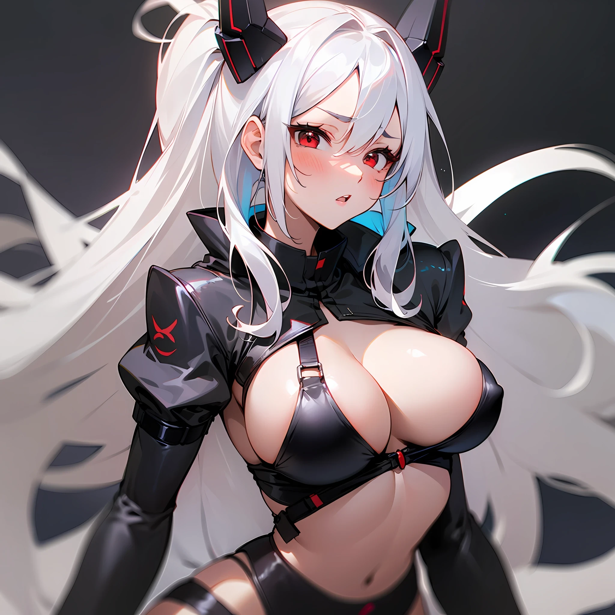(Pure and minimalist black background),(The girl has red eyes and white hair, Large big tits, 乳頭, Breast coverage, Panties, A distant vista),(Tsundere sexy and energetic style)