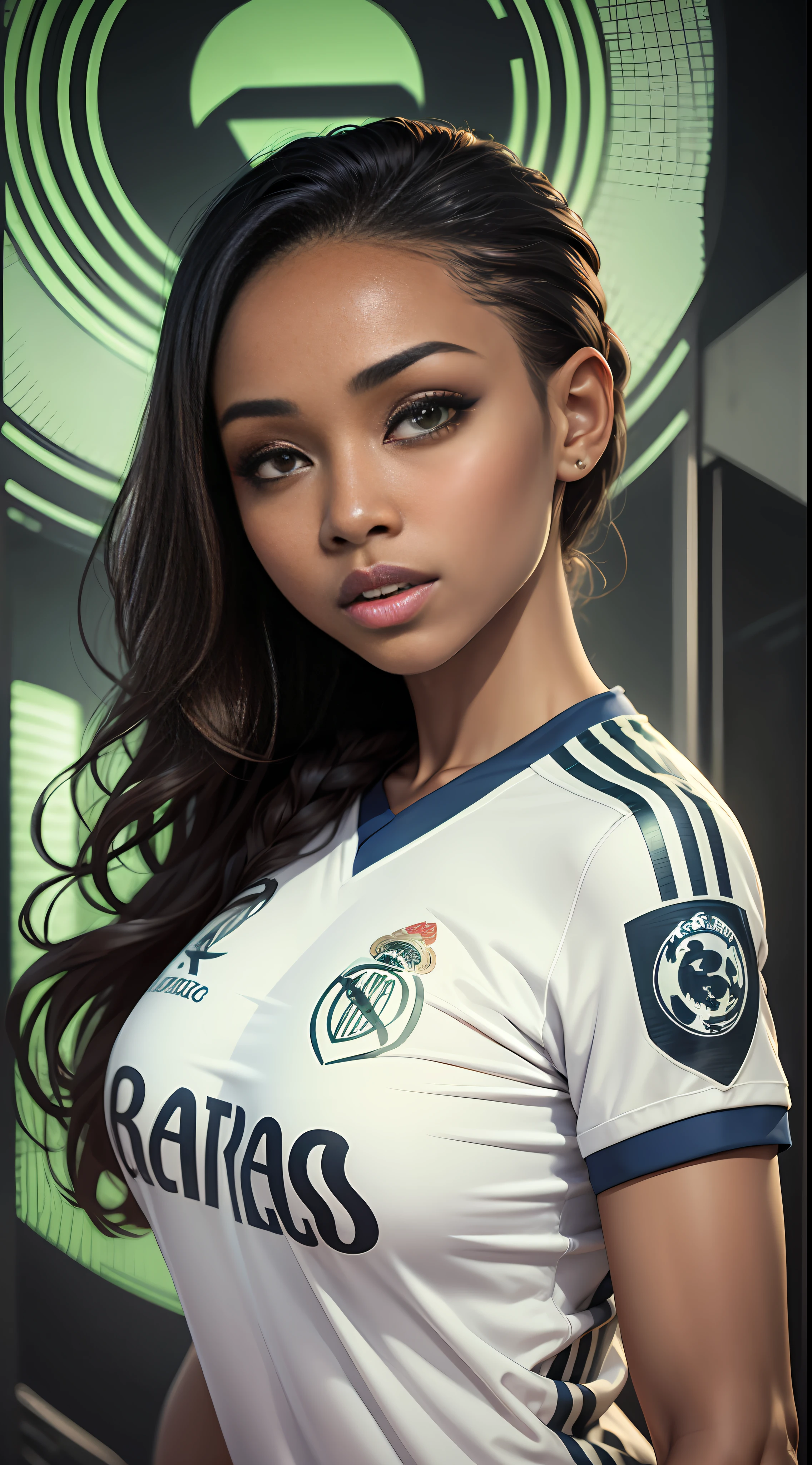 Face of African american girl, green eyes,fleshy coca,long and smooth callels,with real madrid shirt,big breasts,16k raw,realistic at night --auto --s2