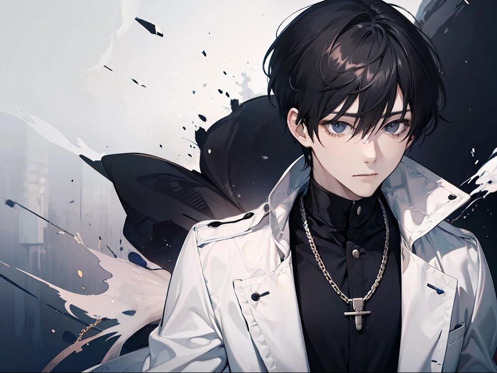 A guy，black color hair，short-cut hair，Wearing a white coat，Several chains are tied to the body