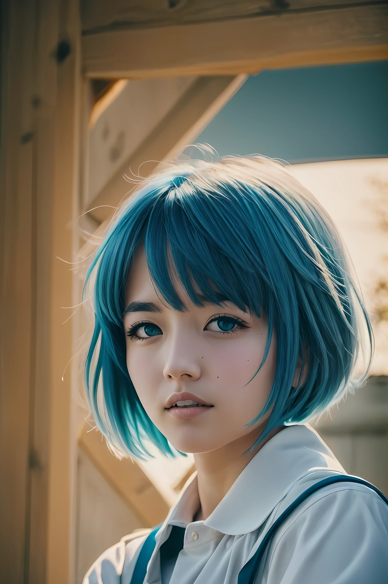 Exciting Rei Ayanami \（Evangelion\），Evangelion \（Hideaki\）Portrait of a masterpiece，Caustics，Fabric shades，high-resolution illustrations，red-eyes，femminine，no pupils，blue  hair，short-cut hair，清晰的线条，solidcolor，Limited color palette, low-contrast，realistic detail photography