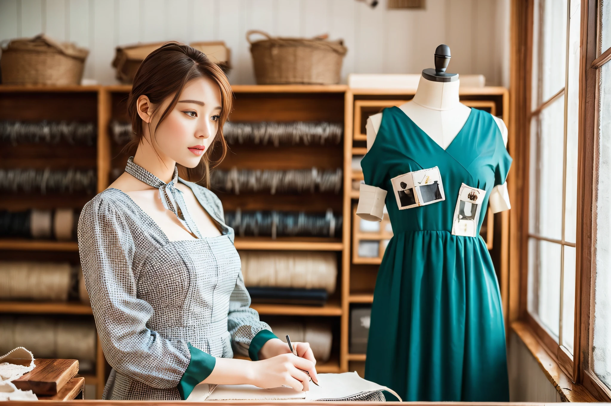 Seamstress, (pretty young woman:1.1) with pinned-up auburn hair, hazel eyes, fair skin, slim build, wearing a vintage style (work dress:1.2) with a tape measure around her neck, (flat shoes:1.1). Set in a quaint English tailoring shop, filled with rolls of fabric, wooden mannequins, antique sewing machines, and well-tailored dresses displayed on hangers.