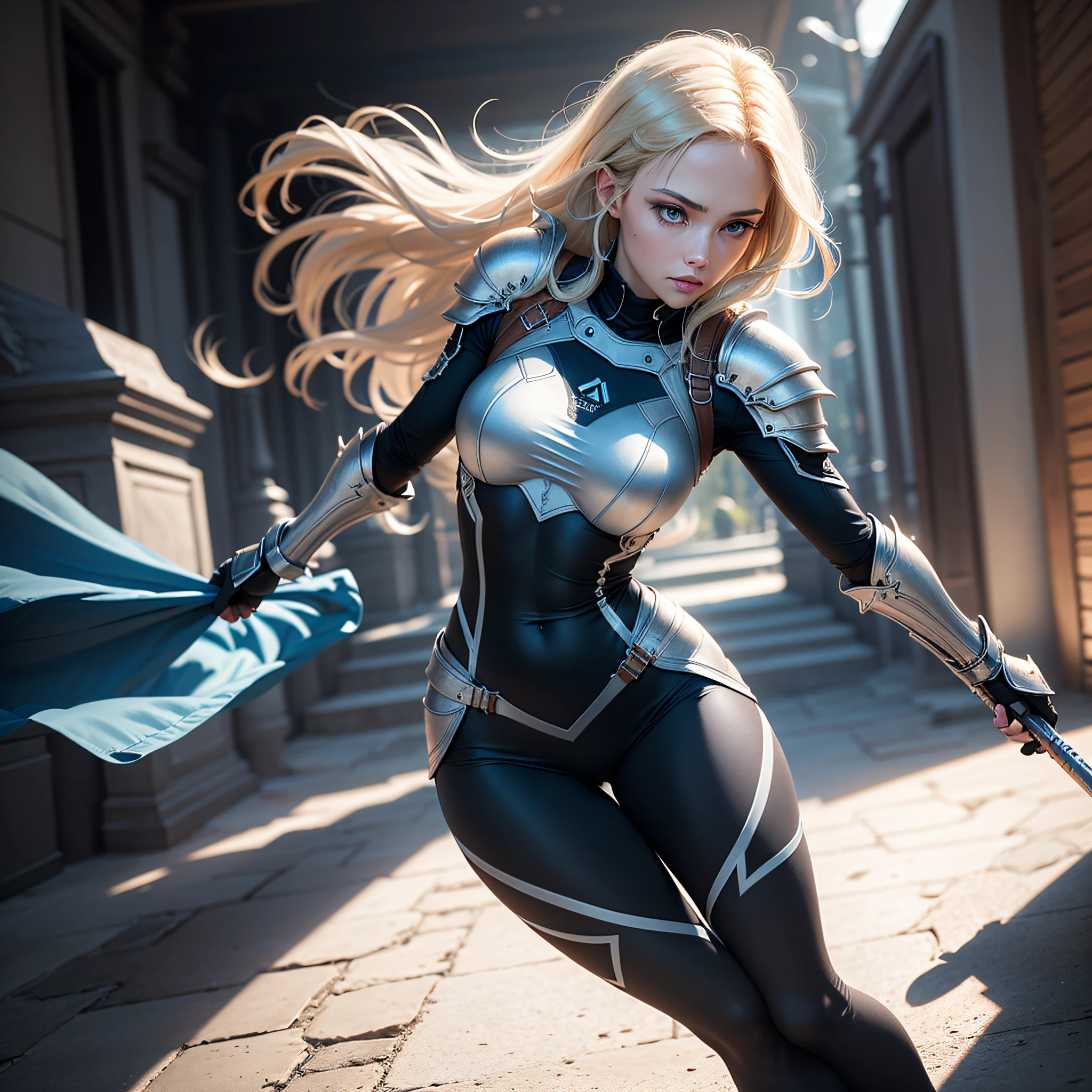 Blonde-haired woman with bright blue eyes, she has an athletic and graceful appearance, with an average height and a slender figure, her blonde hair falls in soft waves, reaching her shoulders, she wears a set of lightweight and elegant armor, consisting of fitted black leggings and a tunic that provides mobility without compromising protection,her armor has a predominantly blue color scheme, with silver and white details, reflecting her identity as a just heroine, ((Masterpiece)), ((Best Quality)), (Very Detailed), (Very Detailed)), 4K, (8K), Best Quality, (Beautiful) --auto