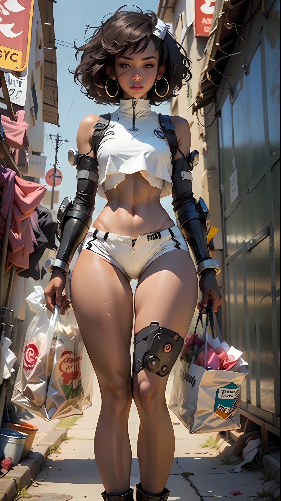 African American woman defined body thick thighs cybernetic body parts , short underwear
