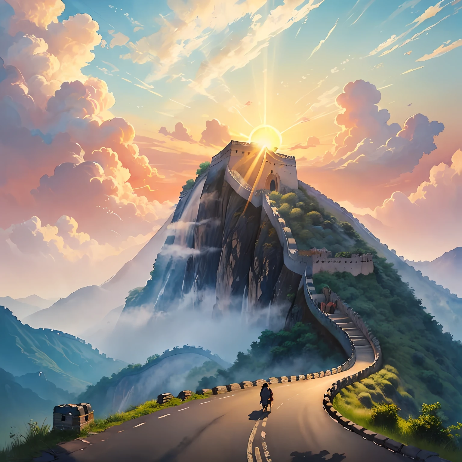 Children's drawing，Watercolor background，The road，Auspicious clouds，Great Wall，Sun'rays，Red tones，Simple works，Epic composition，high-definition，Brief details，high qulity，offcial art，4 open size --auto