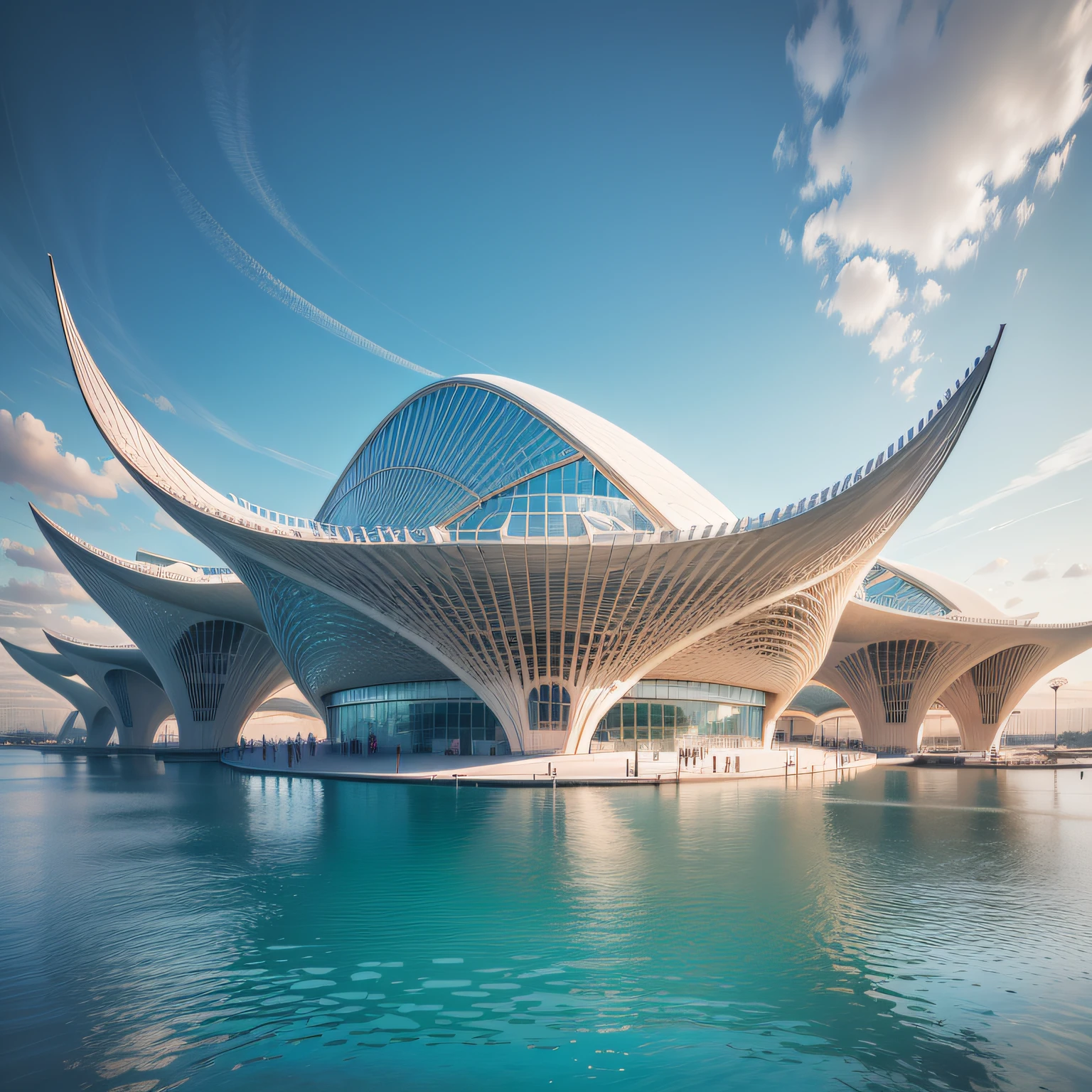 An aquatics centre beside the waterfront, breathtaking structure, by Santiago Calatrava, natural elements — ar 16