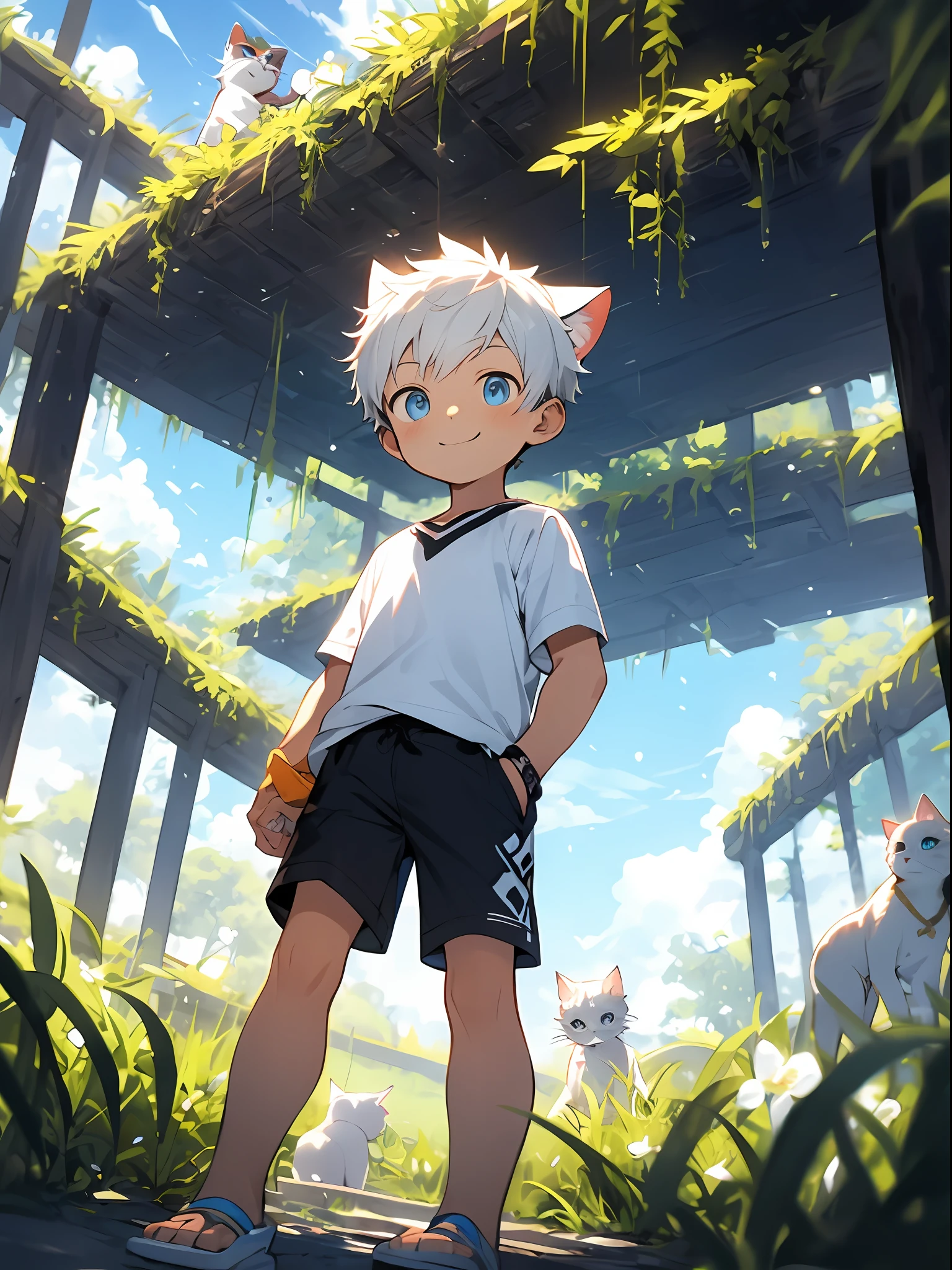 three quarter view，Shota，Black and white hair，ddlers，Blue eyes，cat ear ，cat tails， Cutes， to stand， Master masterpieces， high resolucion，8K，detailedbackground，highly quality，Libido boy，独奏，shortpants，grass field，White flowers，Happy expression，