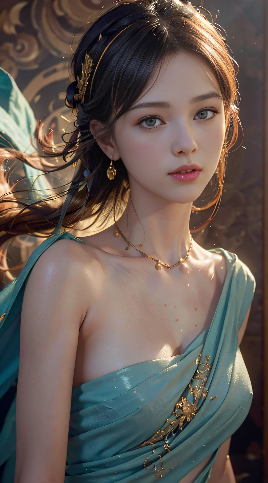(RAW photo, best quality), (realistic, photo-realistic:1.3),best quality,highly detailed,masterpiece,ultra-detailed,illustration,1girl,upper_body,dynamic angle,world masterpiece theater,messy_long_hair,best quality,extremely detailed CG unity 8k wallpaper,ink,Amazing,cinematic lighting,lens_flare,,dunhuang_style