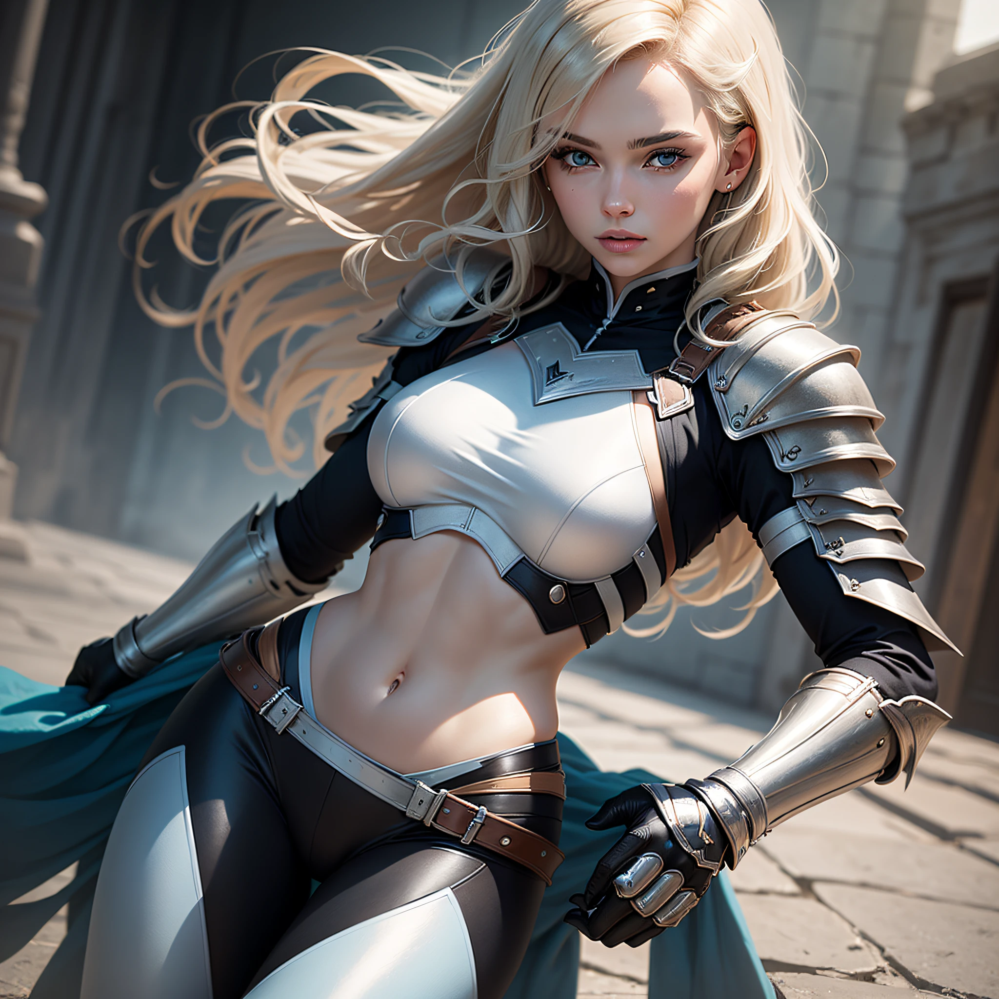 Blonde-haired woman with bright blue eyes, she has an athletic and graceful appearance, with an average height and a slender figure, her blonde hair falls in soft waves, reaching her shoulders, she wears a set of lightweight and elegant armor, consisting of fitted black leggings and a tunic that provides mobility without compromising protection,her armor has a predominantly blue color scheme, with silver and white details, reflecting her identity as a just heroine, ((Masterpiece)), ((Best Quality)), (Very Detailed), (Very Detailed)), 4K, (8K), Best Quality, (Beautiful) --auto