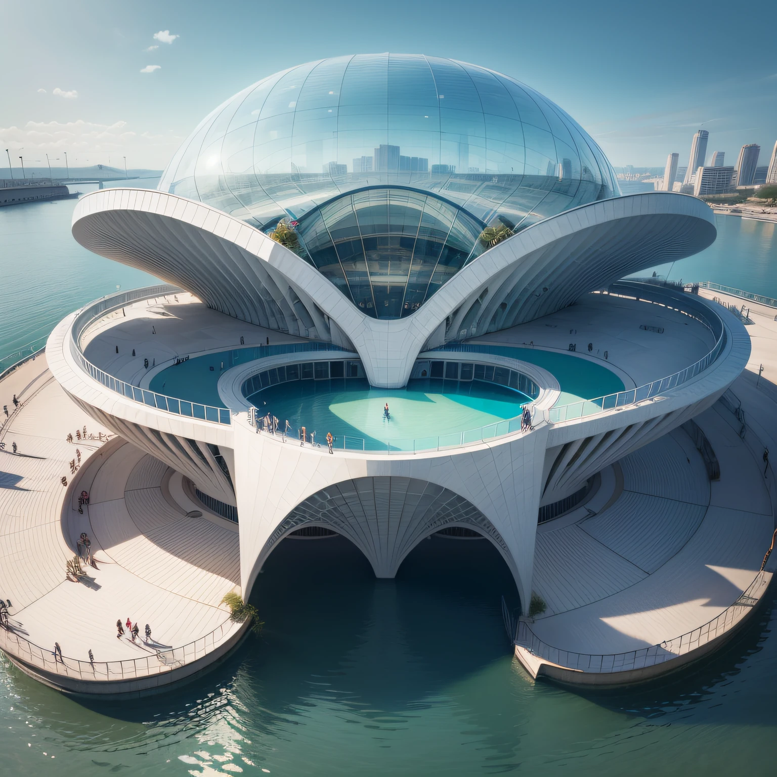 An aquatics centre beside the waterfront, breathtaking structure, by Santiago Calatrava, natural elements — ar 16