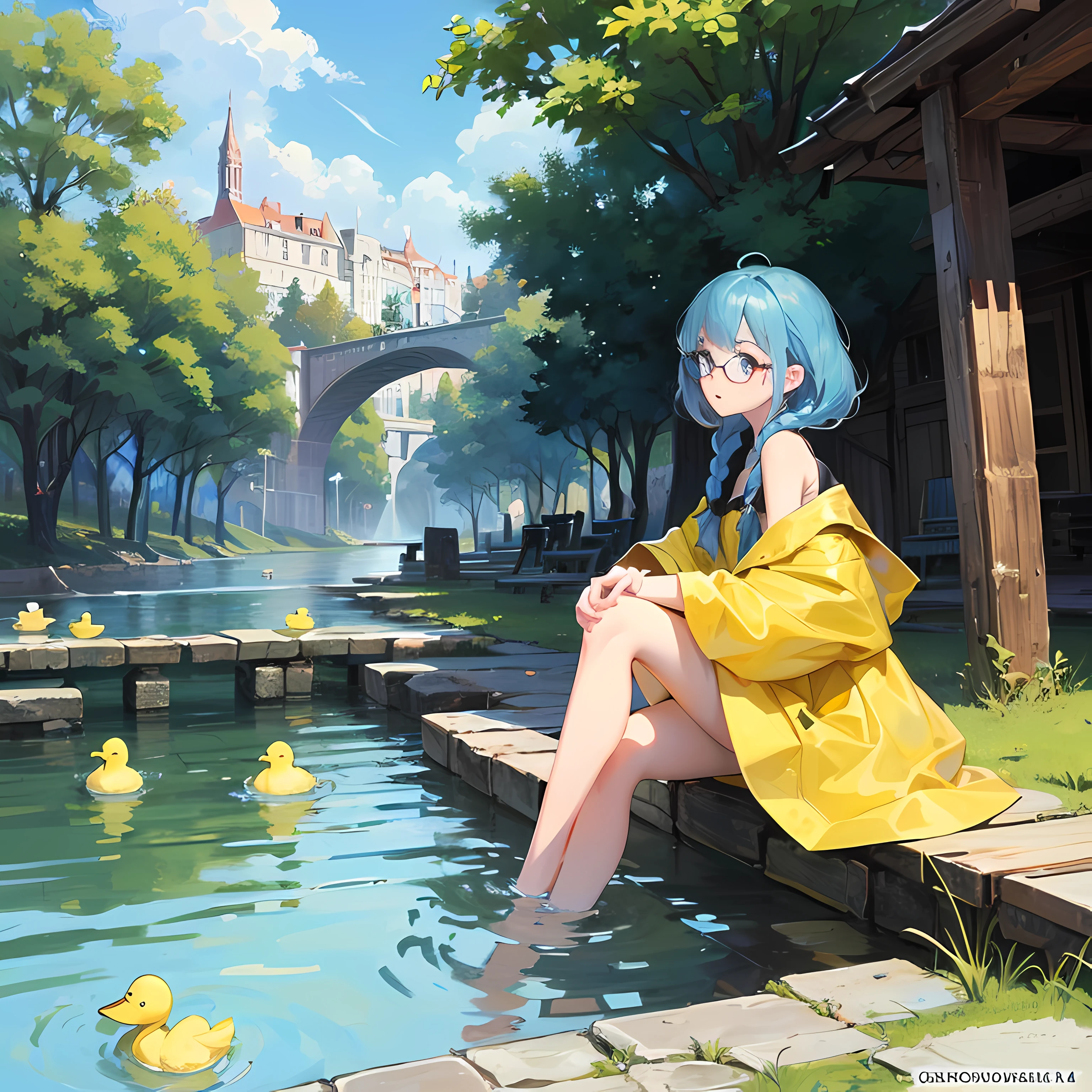 (of the best quality，The best art style)，dynamic angle，(A girl with short blue hair+Two braids Comb glasses:1.1+shy+Little yellow duck sitting),(Glasses in his left hand:1.1)，Details of the surrounding scenery，Delicate hand-drawn style --auto