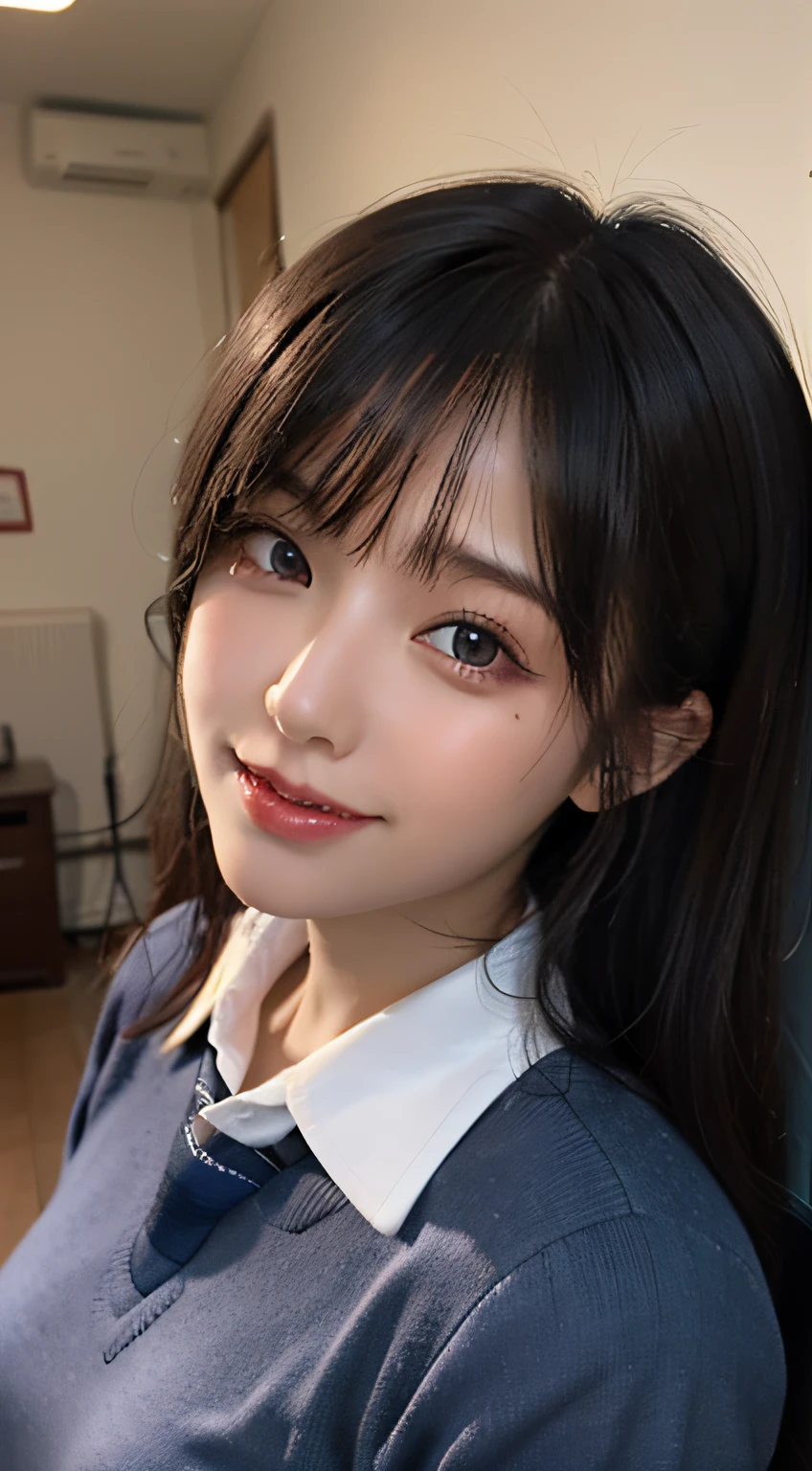 最佳质量,nmasterpiece,UltraHighResolution,(Realistic big breasts:1.4),OriginalPhoto,(Authentic skin texture:1.3),(filmgrain:1.3),the panorama,18yo girl,Portrait of character,Very wide lens,Haut du corps,ponytailhair,shcool uniform,narrow waisted,inside room,largebreasts,mesmerizing eyes,Beautiful details for eyes and face,,brown-eyed,Smile with