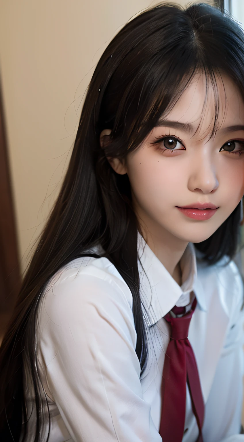 最佳质量,nmasterpiece,UltraHighResolution,(Realistic big breasts:1.4),OriginalPhoto,(Authentic skin texture:1.3),(filmgrain:1.3),the panorama,18yo girl,Portrait of character,Very wide lens,Haut du corps,ponytailhair,shcool uniform,narrow waisted,inside room,largebreasts,mesmerizing eyes,Beautiful details for eyes and face,,brown-eyed,Smile with
