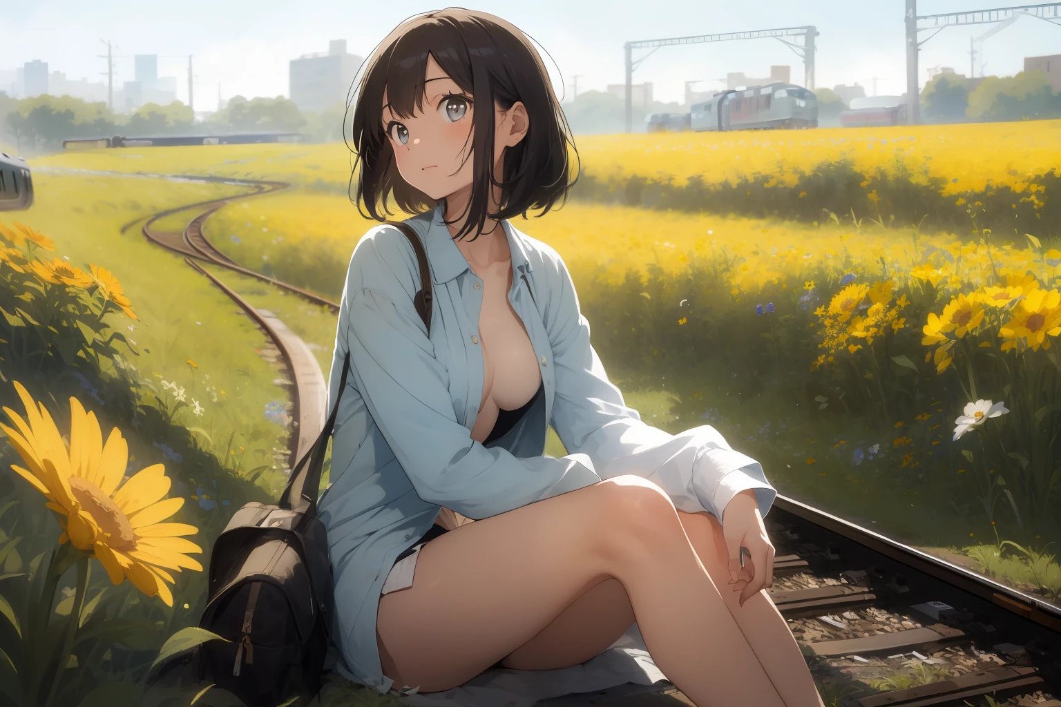 (masterpiece, best quality:1.2), abandoned train, in a flower field, 1girl, no panties, bottomless, open shirt, sitting by a train, warm, summer, vibrant colors, best lighting, best shadows