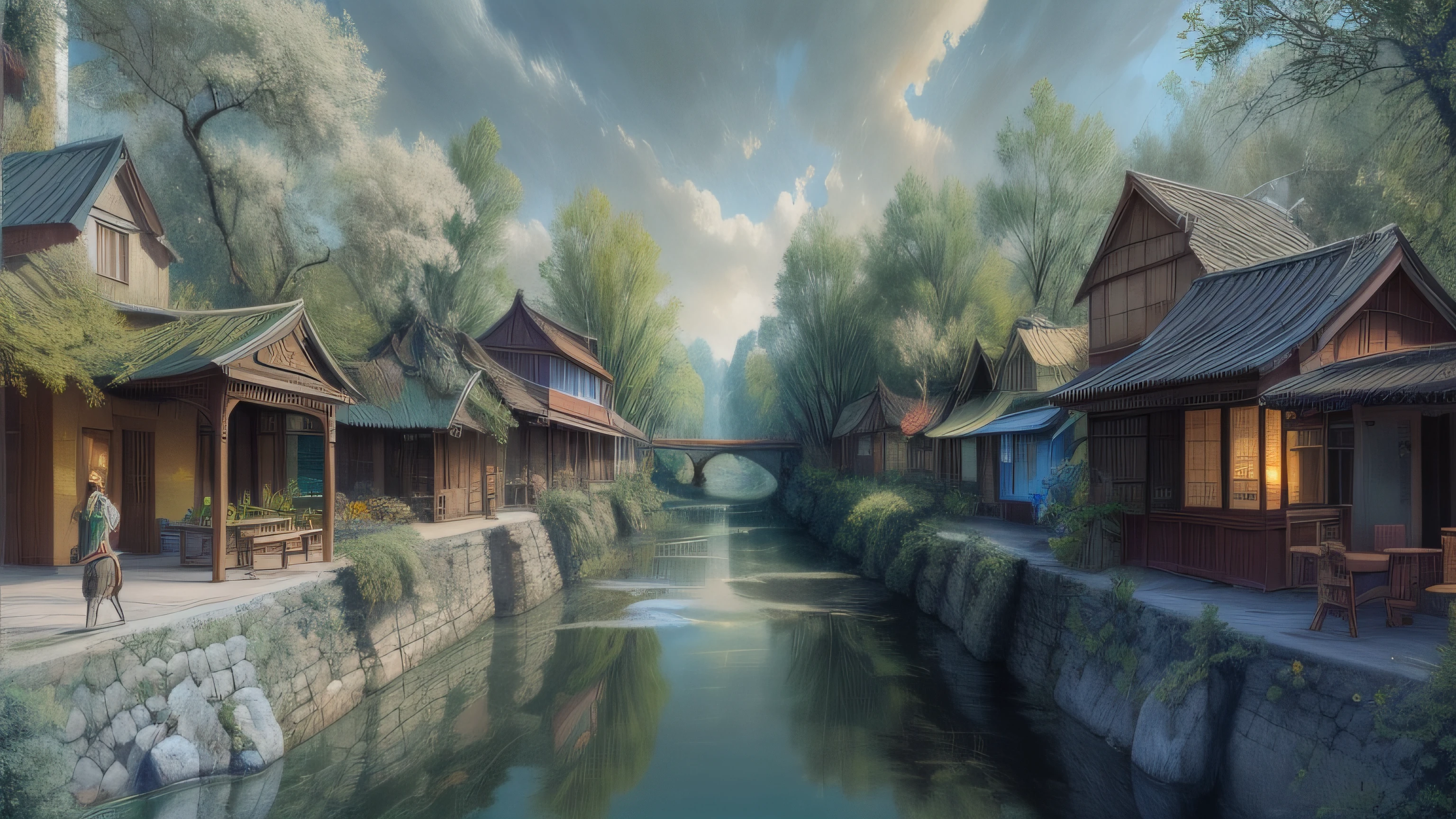 At dusk, green trees, willows flying, surrounded by blue water, small bridges and flowing water, antique color, floral fragrance, warm as jade, birds singing and flowers, water town paintings, leisurely, real photography, 16K resolution