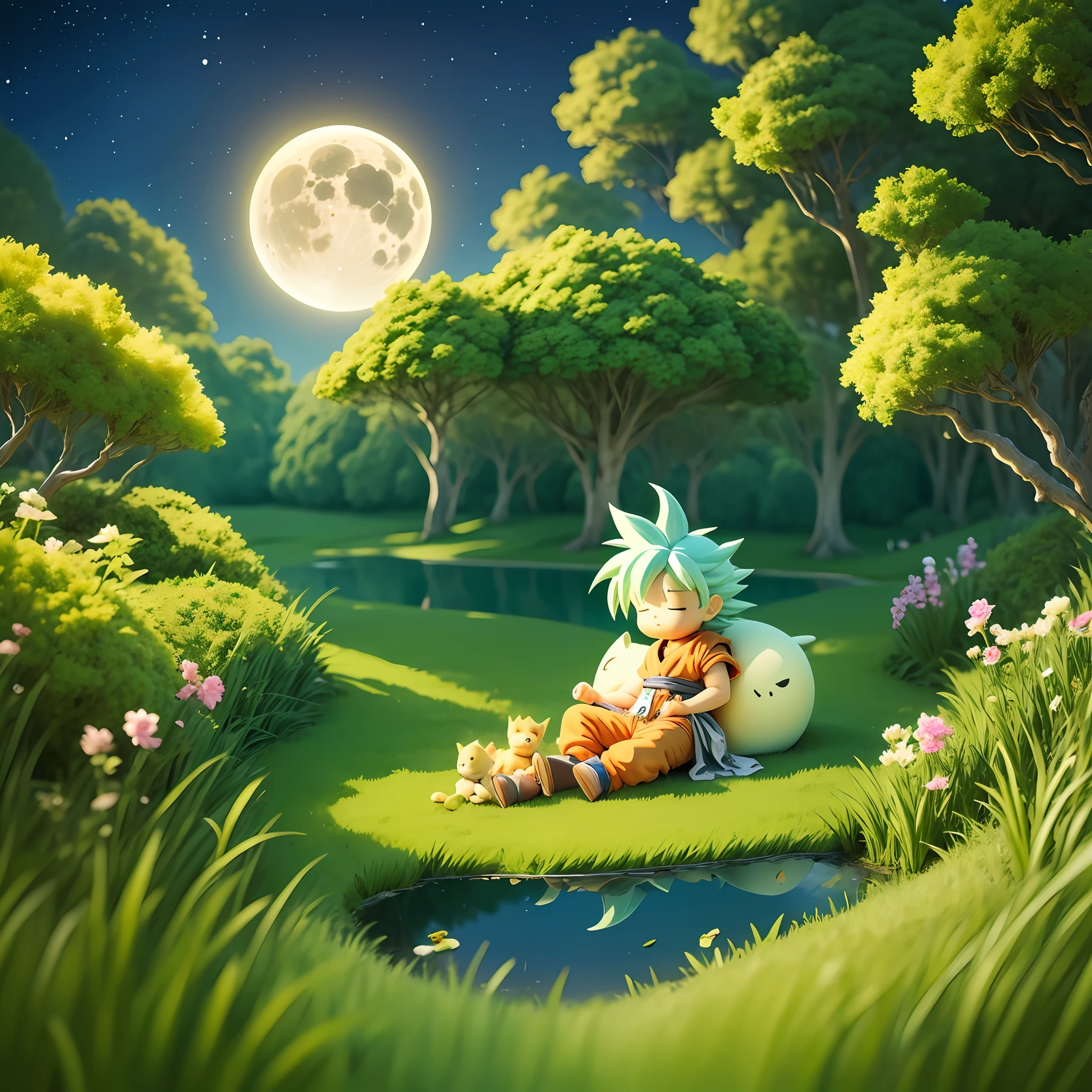full body，chibi，1boy，Sleep on the grass，son goku，SuperSaiyan，As estrelas，lune，lakes，forested，夜晚，