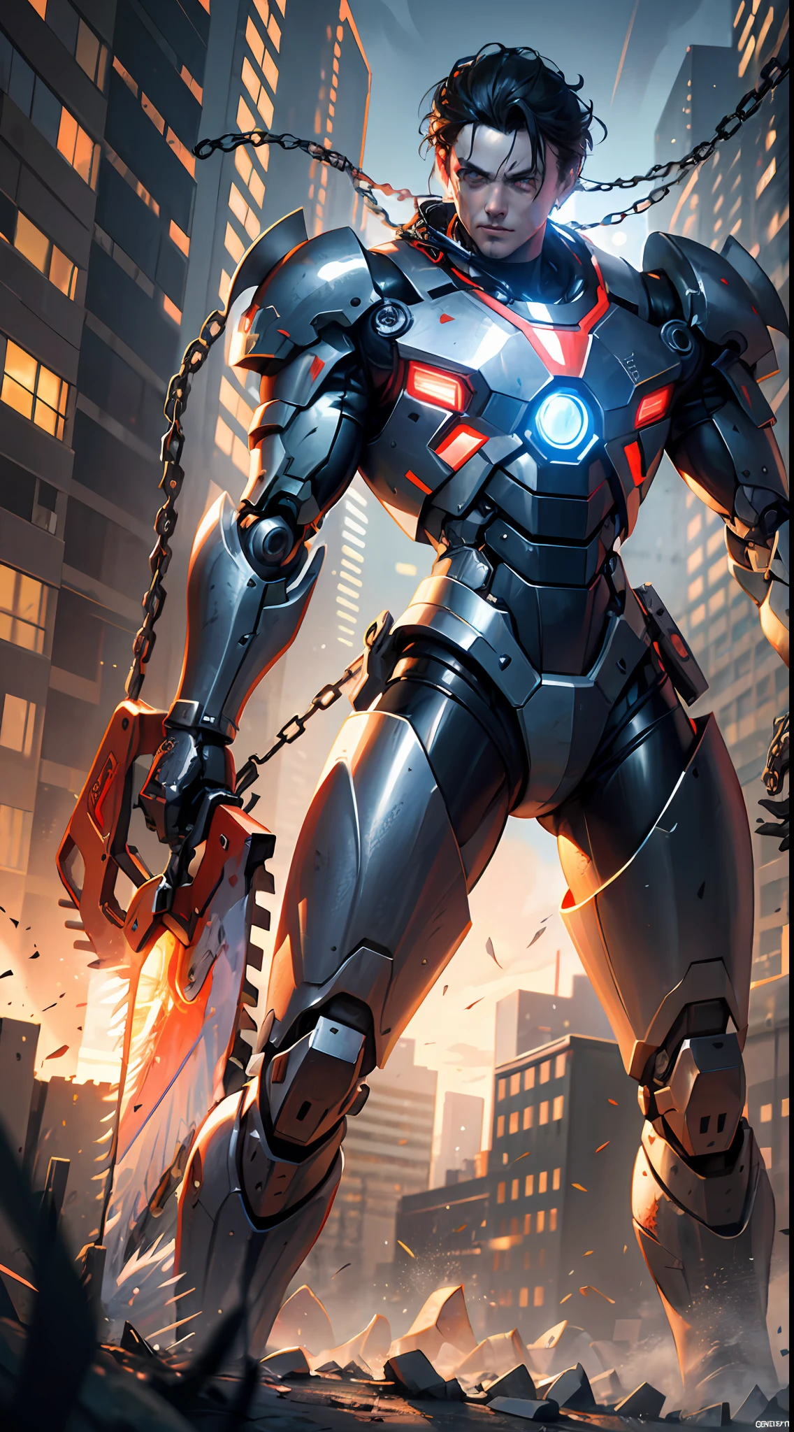 Dark_Fantasy,Cyberpunk,(chain saw,chain saw man,Red:1.1),1man,Mechanical marvel,Robotic presence,Cybernetic guardian, wearing a worn-out mech suit, intricate, (steel metal [rusty]), elegant, clear focus, shot by greg rutkowski, soft lighting, vibrant colors, masterpiece, ((street)), cowboy shot, dynamic pose,epic realistic,
