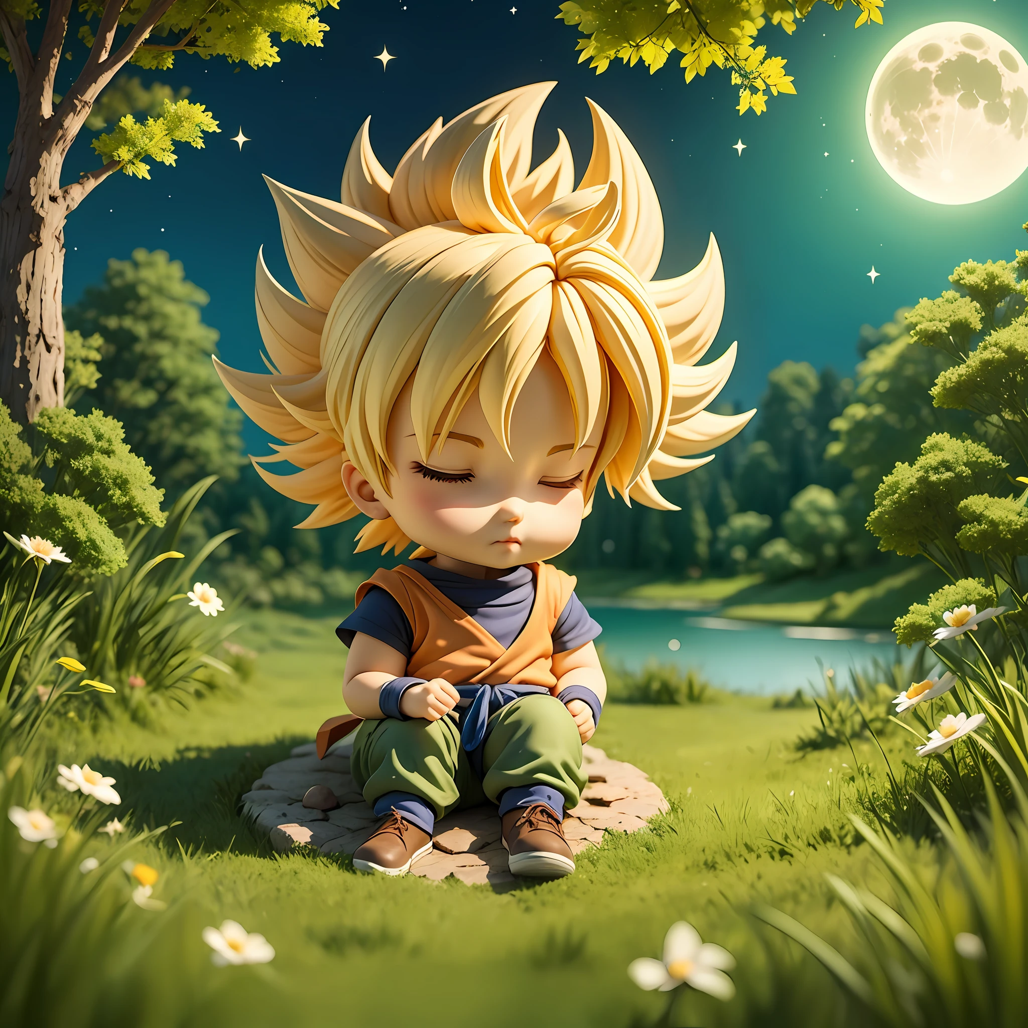 full body，chibi，1boy，Sleep on the grass，son goku，SuperSaiyan，As estrelas，lune，lakes，forested，夜晚，