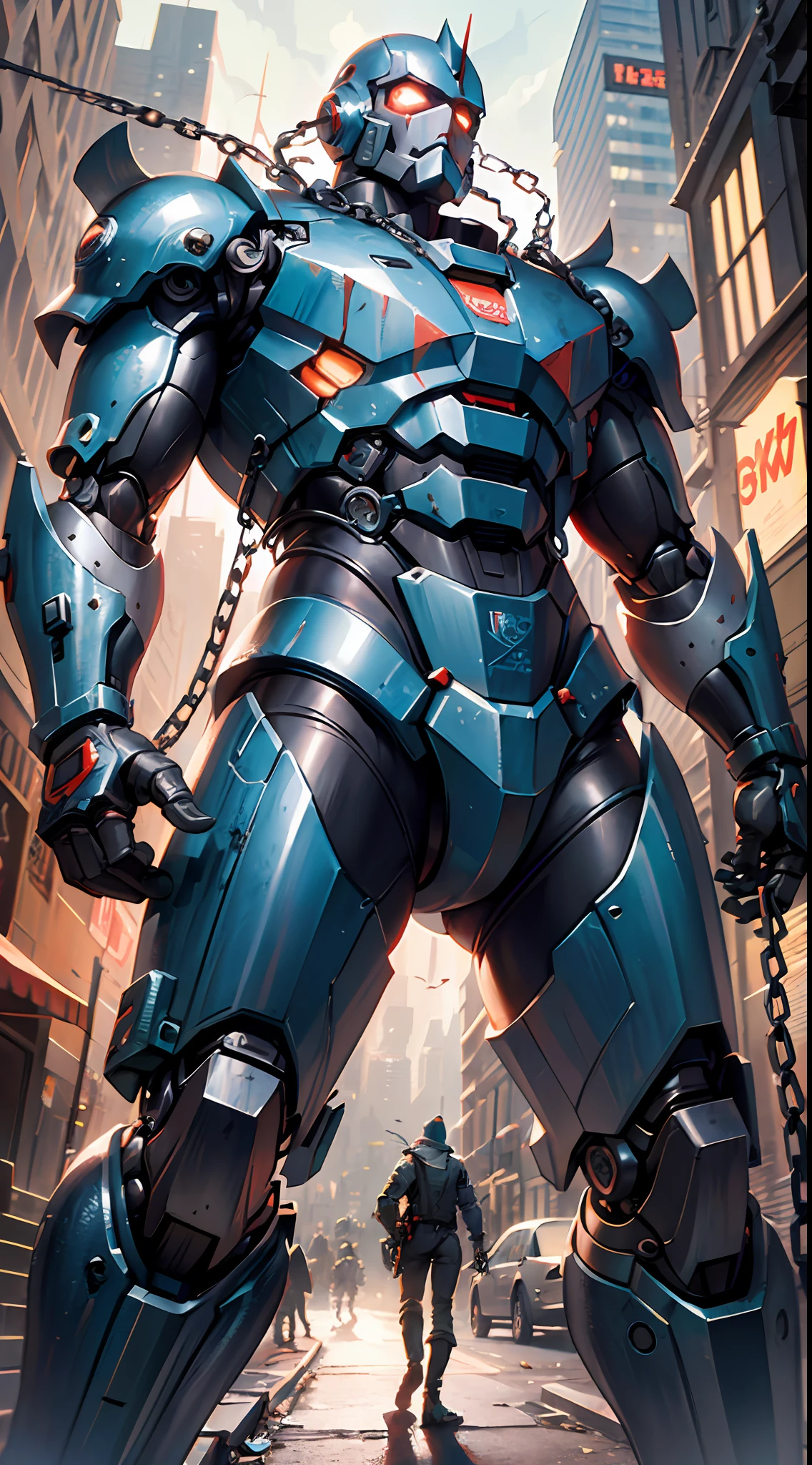 Dark_Fantasy,Cyberpunk,(chain saw,chain saw man,Red:1.1),1man,Mechanical marvel,Robotic presence,Cybernetic guardian, wearing a worn-out mech suit, intricate, (steel metal [rusty]), elegant, clear focus, shot by greg rutkowski, soft lighting, vibrant colors, masterpiece, ((street)), cowboy shot, dynamic pose,epic realistic,