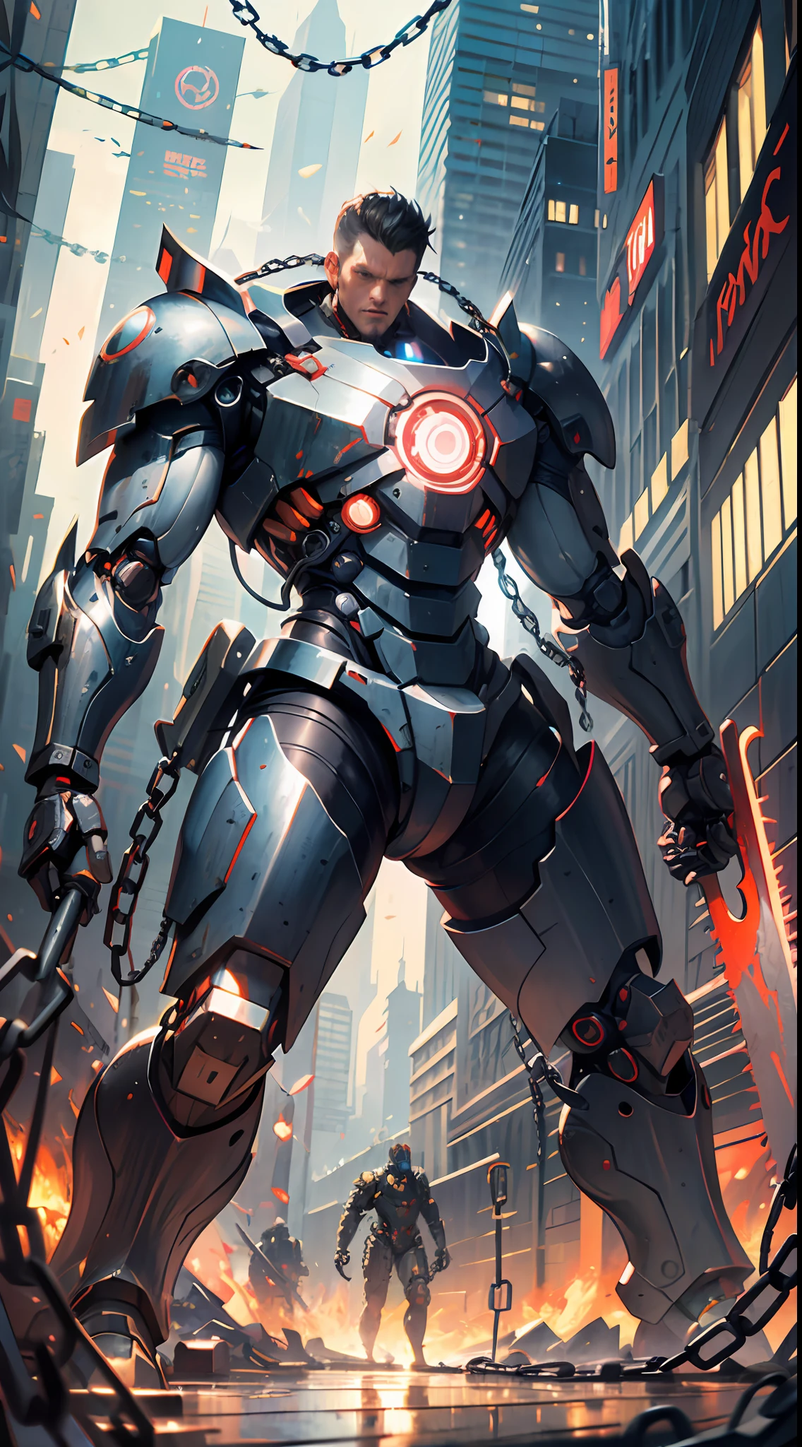 Dark_Fantasy,Cyberpunk,(chain saw,chain saw man,Red:1.1),1man,Mechanical marvel,Robotic presence,Cybernetic guardian, wearing a worn-out mech suit, intricate, (steel metal [rusty]), elegant, clear focus, shot by greg rutkowski, soft lighting, vibrant colors, masterpiece, ((street)), cowboy shot, dynamic pose,epic realistic,