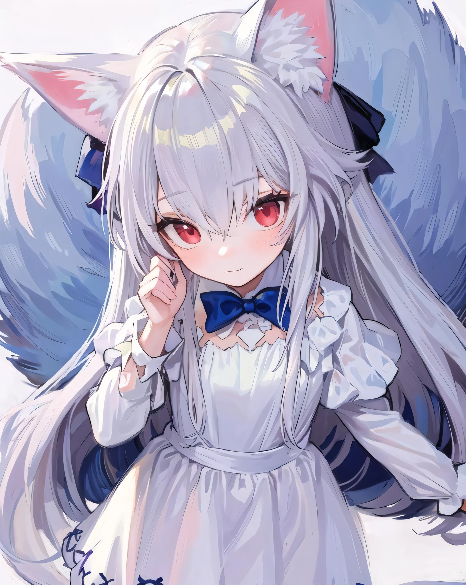 1girl, blue bow, animal ears, red eyes, long hair, very long hair, long sleeves, solo, bow, hair between eyes, tail, fox tail, bangs, dress, white legwear, white hair