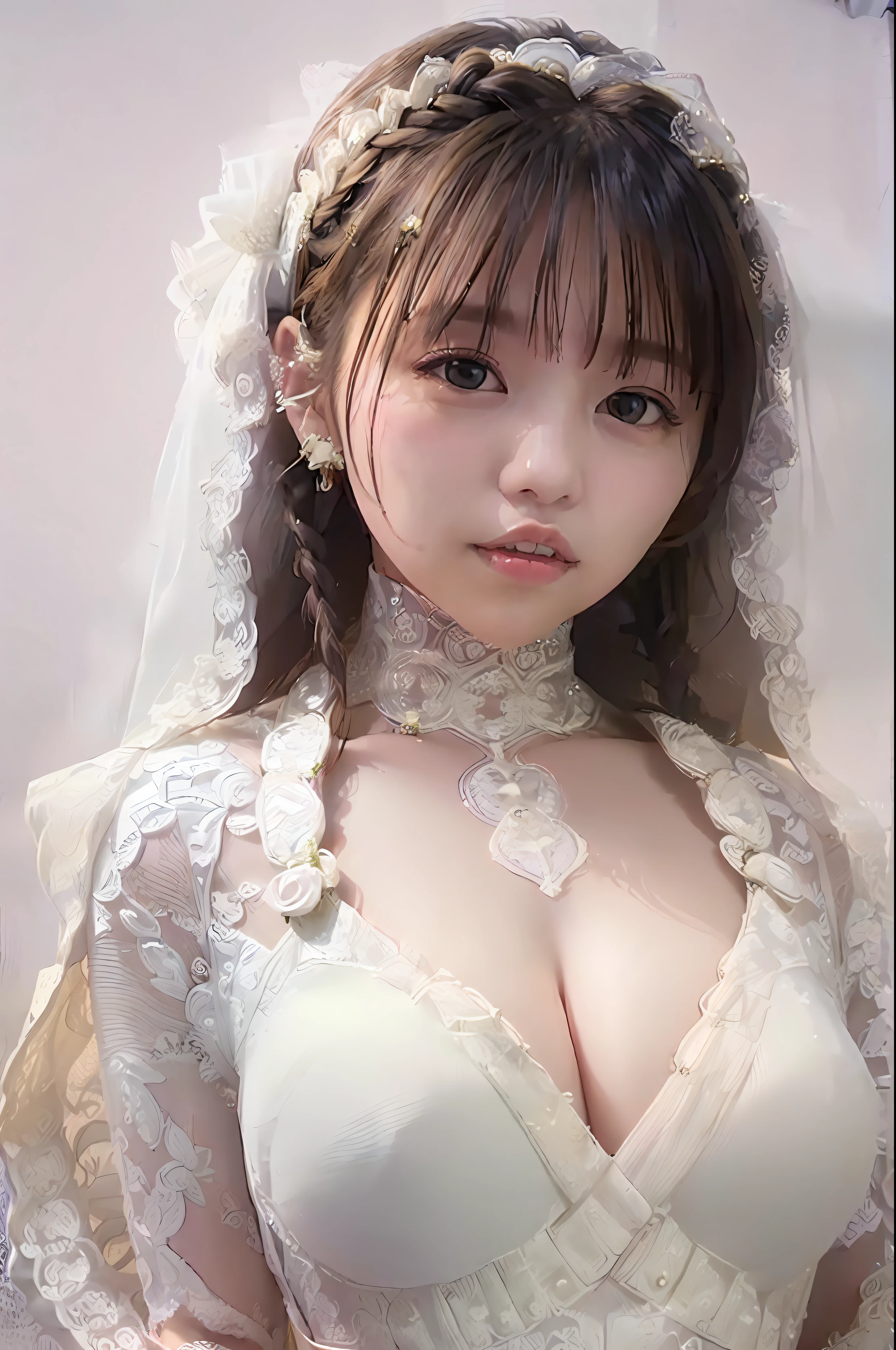 A masterpice、best  quality, 1girls, (Skindentation), {{Too huge breasts!!}}, (days), Brighter, blured background, (Street:0.6), (Braided bangs, hair wavy:1.5), (see through dress:1.8), (wedding dress:1.8),bustier、gorgeou, (Floating hair:1.2), (dinamic pose:1.8), Soft lighting,