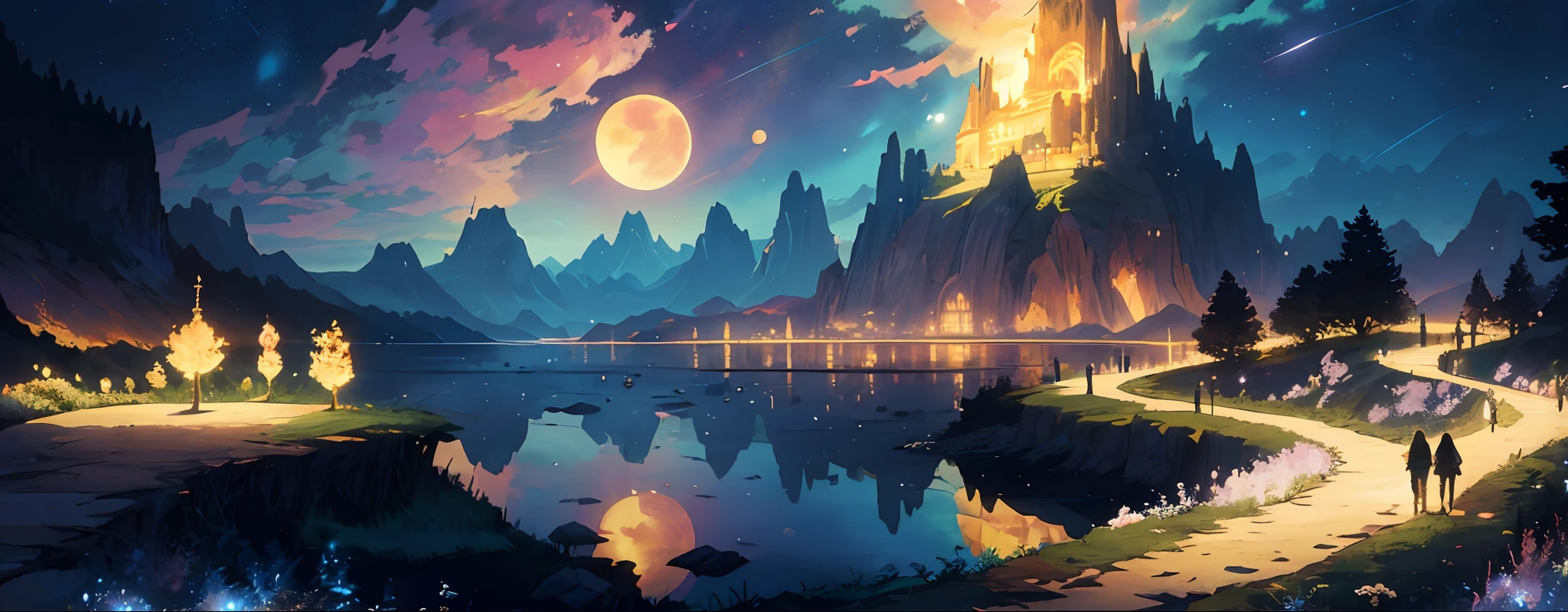 obra-prima, caprichoso, Anime fantastic landscape, sonho, wide vision, flor, Fadas, light particles, Lightweight joints, estrelas brilhantes, cometa passando ao longe, fantasia, astral, paz, cristal, montanha, lago, Natureza, wide vision, flor, fadas, articulas de luz, raios solares, fantasy, astral, paz, cristal, sino, montanha, lago, natureza, jardim com vista para a paisagem,