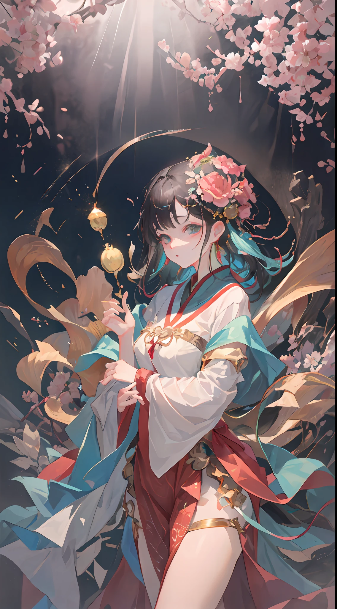 A beautiful girl in ancient China, aloof temperament, rose red long dress, huge plum blossoms, standing under a tree, sunshine, clear face, masterpiece, super detailed, epic composition, high quality, highest quality, 16k