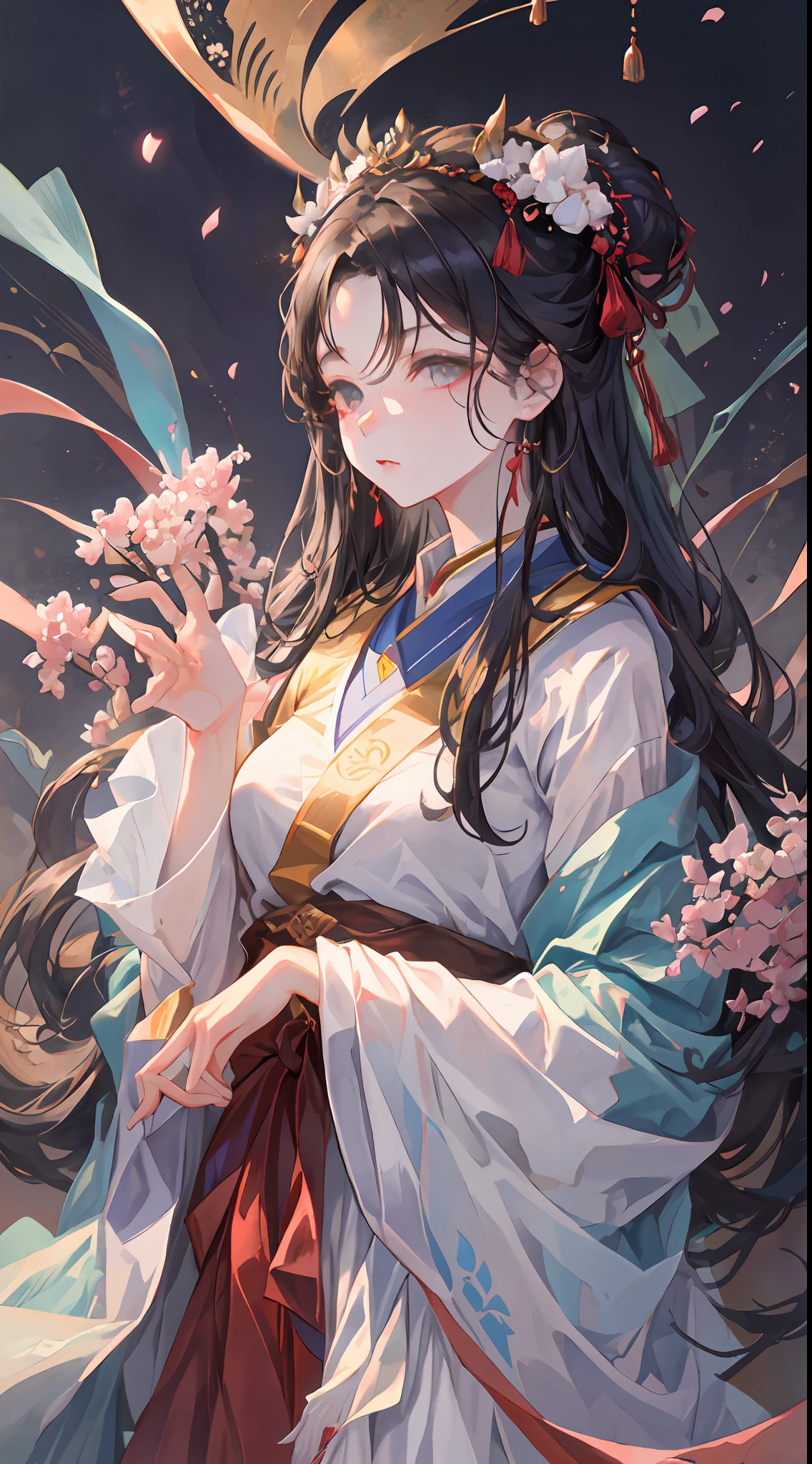 A beautiful girl in ancient China, aloof temperament, rose red long dress, huge plum blossoms, standing under a tree, sunshine, clear face, masterpiece, super detailed, epic composition, high quality, highest quality, 16k