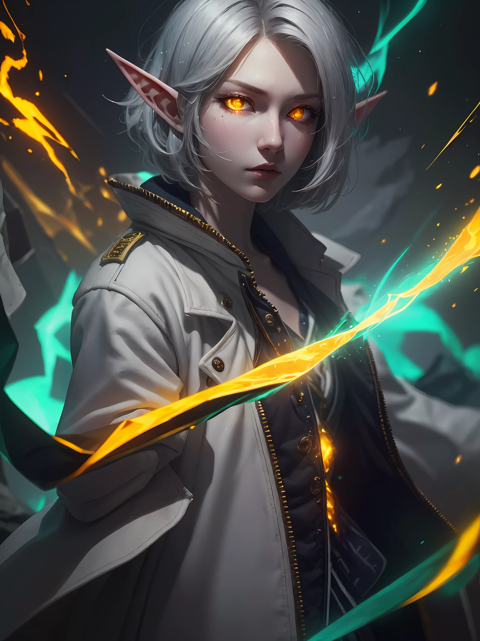 Digital Ilustration, Anime style, Woman, ((elf)), 1girl, beautiful, (tired, sad):1.4),(grey hair, bob cut, ((fine facial features)),),(white outfit, red outfit accents, assasin-style outfit, military coat, pants, boots),(glowing yellow eyes:1.2),elemental mage engulfed in blue flames and yellow lightning, chromatic chaos, gold and ice tones, depth of field, beautiful, highly detailed, hyperrealistic, cinematic lighting, clear, space background, cinematic lighting soft, (backlight: 1.2), (flowering: 1.2), (bright light: 1.1), (chromatic aberration: 1.2), sharp focus, high contrast ,masterpiece, photorealistic, (full body shot:1.3)
