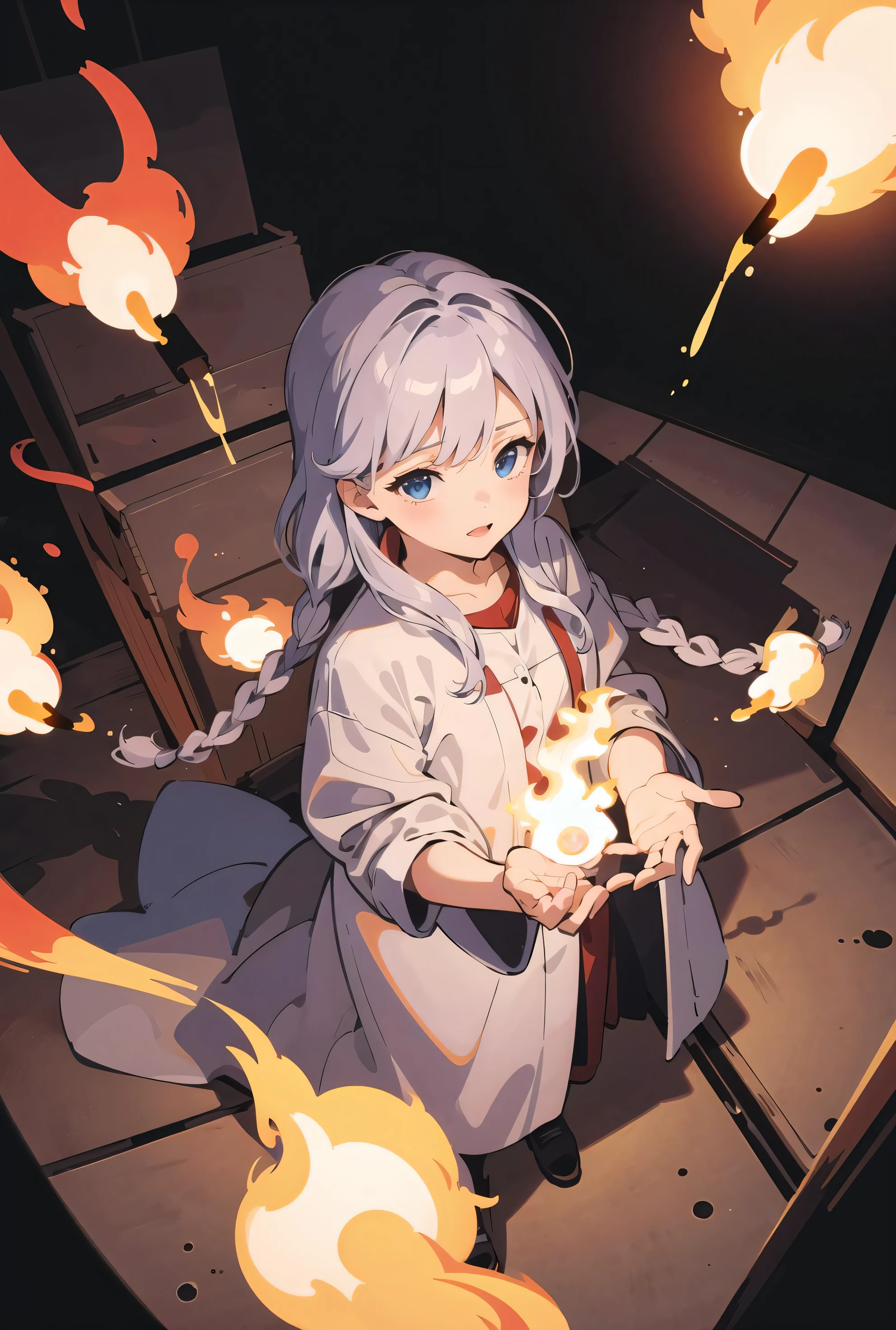 (masterpiece, best quality, ultra-detailed, illustration), 1girl
chocolate,
low-braided long hair,
fire,
duster,
from above,
top-down bottom-up,
(cinematic lightings)