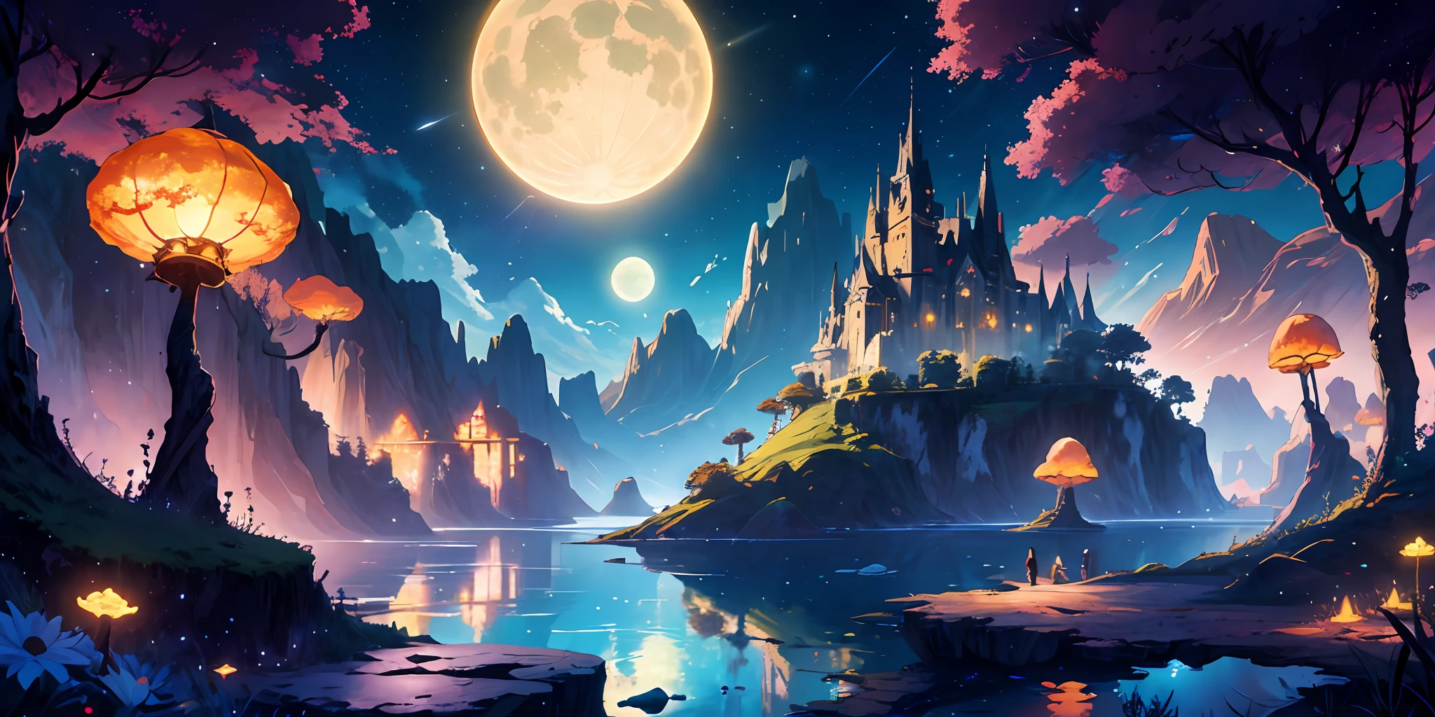 obra-prima, caprichoso, Anime fantastic landscape, sonho, wide vision, flor, Fadas, light particles, Lightweight joints, estrelas brilhantes, cometa passando ao longe, fantasia, astral, paz, cristal, montanha, lago, Natureza, wide vision, flor, fadas, articulas de luz, raios solares, fantasy, astral, paz, cristal, sino, montanha, lago, natureza, jardim com vista para a paisagem,