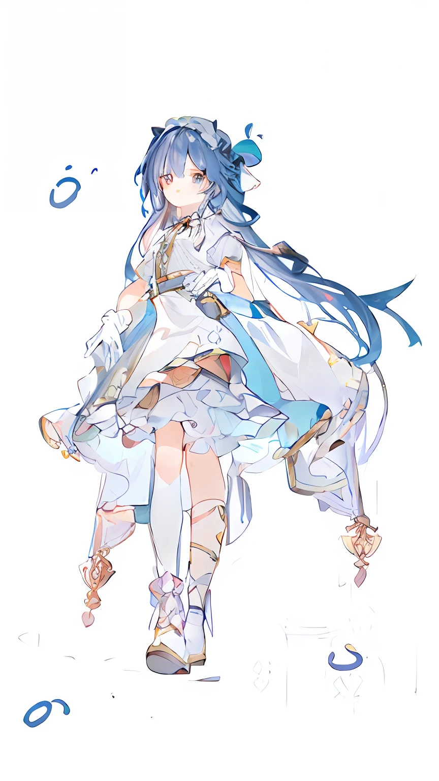 (zerochan art:multiple styles+pixiv contest winner, Food stewards:multiple styles+Simple hand drawn, Kamagurka:multiple styles+Retro+Cartoony, Genbu-an:Simple+bright, Shitao + Love light:Simple hand drawn+biaoqingbao+White dress)。White Lolita with blue double ponytailed beautiful girl, The style is dominated by pixiv,,The overall picture is in the style of a human anime, Mainly dark blue and white,Add hands, White gloves, Small animal elements,Detailing。
