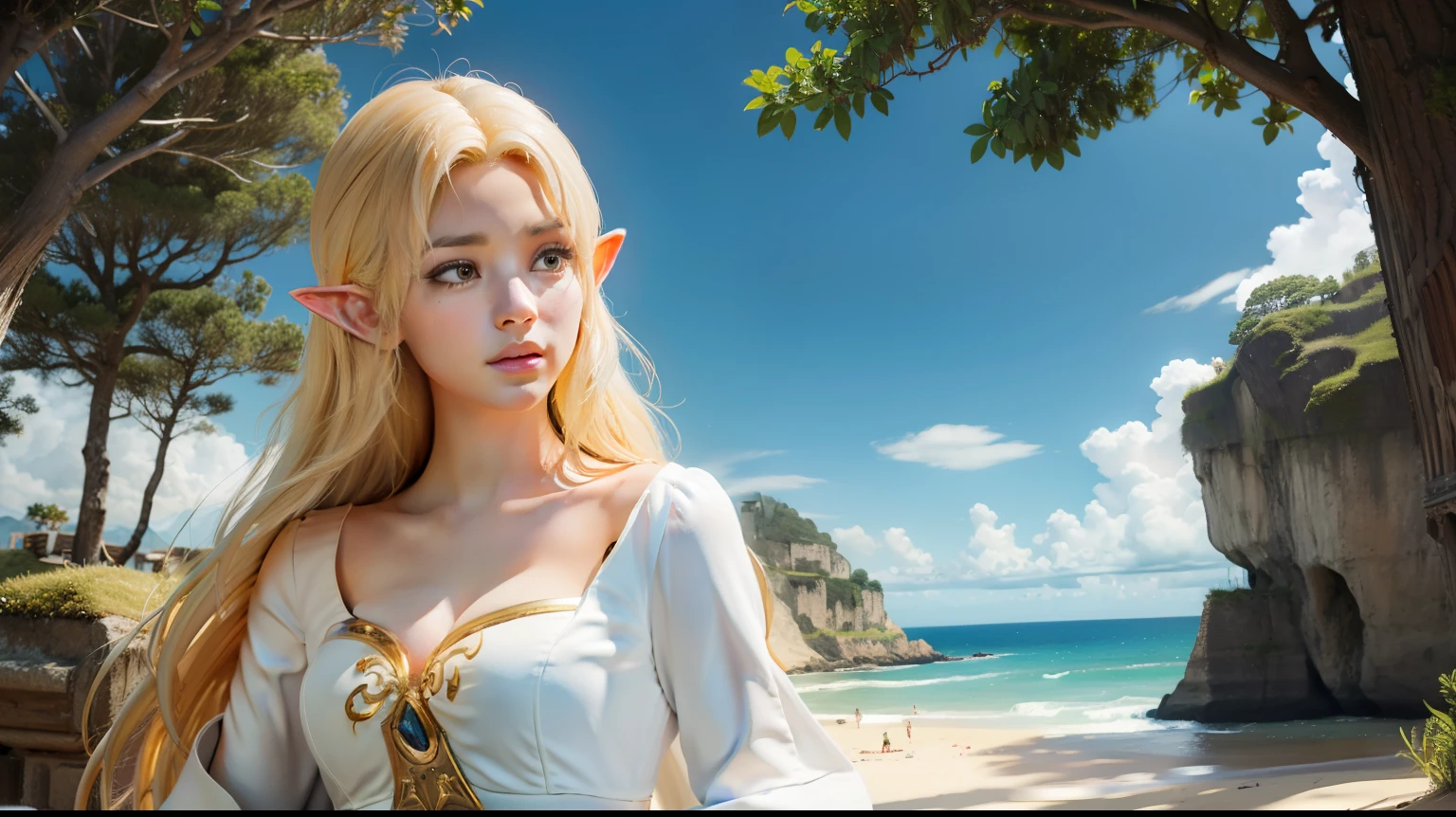 Very detailed detailed photos, Ultra-clear image quality, highest resolution, Advanced, nmasterpiece, 16k, Ray tracing, Particle light，FULL-BODY PHOTO, A beautiful female elf，Exquisite face details, realistic skin textures, realistic and perfect figure, correct skeletal anatomy,(In the background is a huge castle)，Wearing a mage cloak，Both hands manipulate the thunder and lightning，Combat posture，Lightning and thunder in the sky