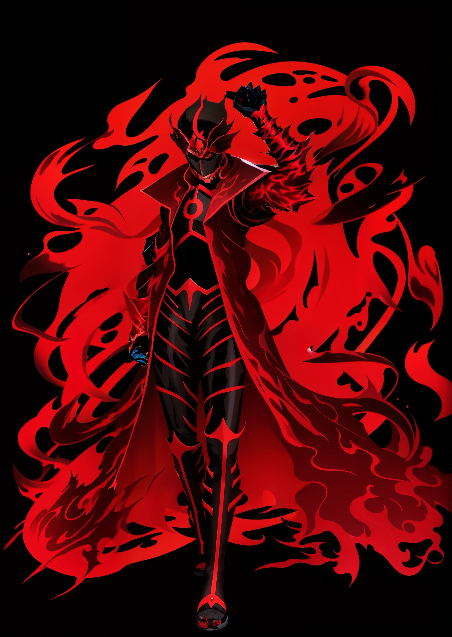 a close up of a person with a red and black costume, ruler of inferno, emitting evil red aura, the king of blades, red aura, his body made of flames, blood moon tentacles!!, official artwork, lava and fire god, infernal enigma, portrait of ninja slayer, crimson darkness, Advanced Digital Anime Art ", fire!! full - body