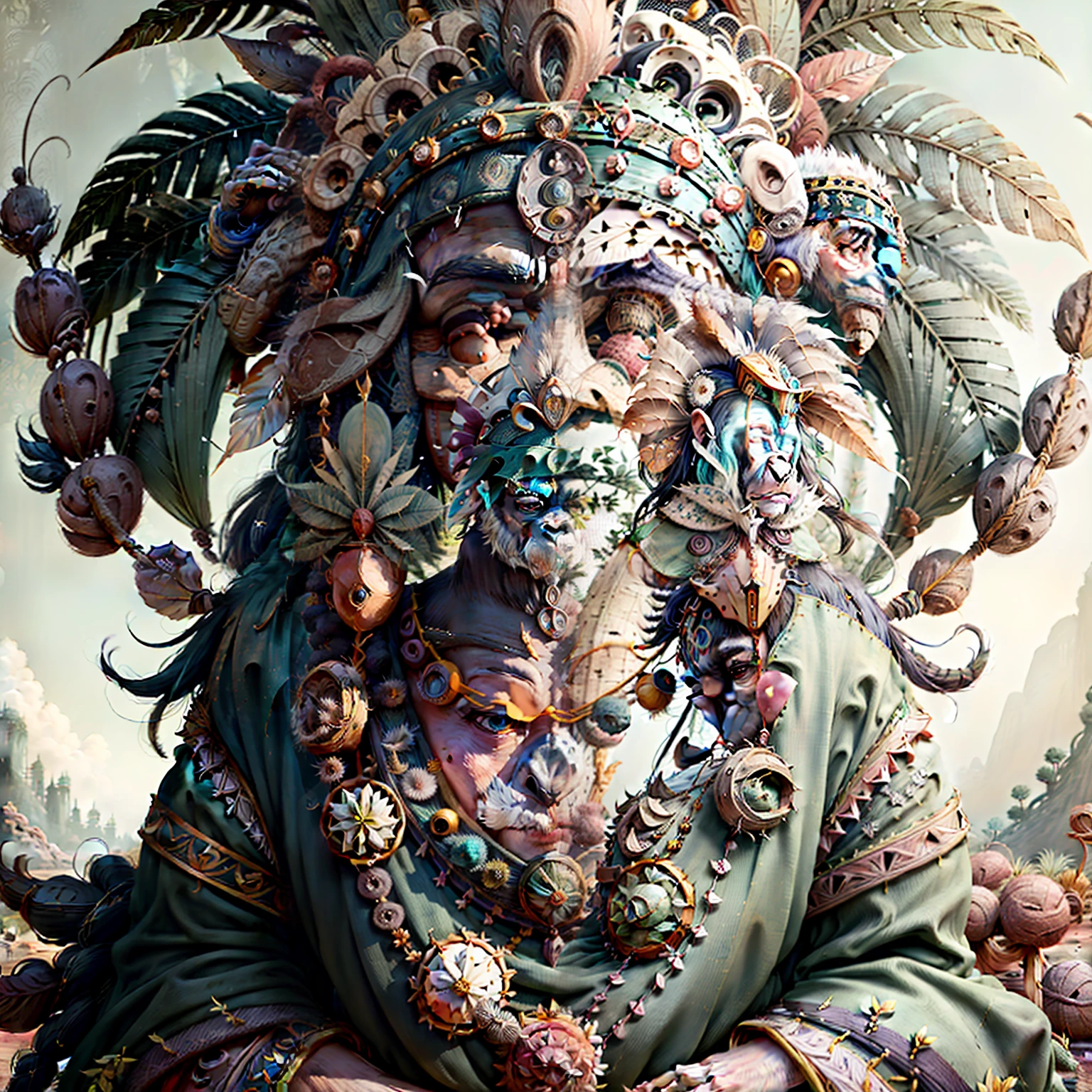 Chimpanzee Head ((Shaman)),,((meditative state),,Shaman, elegant chimpanzee, hair with details, with Indian headdress on head, ((meditating)) many colorful feathers, colorful feathers, facing the camera, detail: dense tropical foliage, highly detailed intricate, ((masterpiece)), ultra hyperrealistic, masterpiece