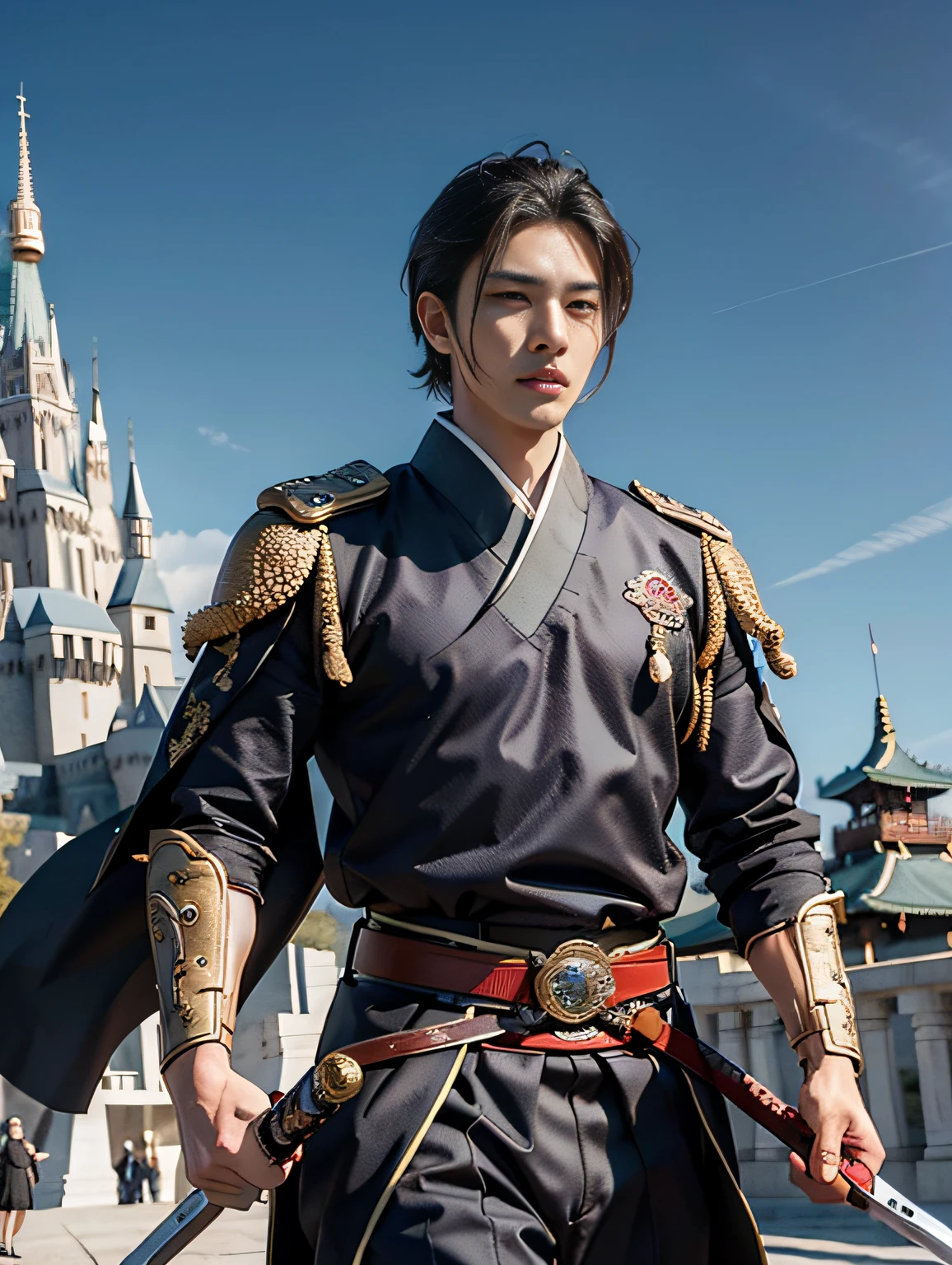 Men，Mighty，Night scene，Long knives，to stand，Hanfu，short-cut hair，Serious，Beard --auto