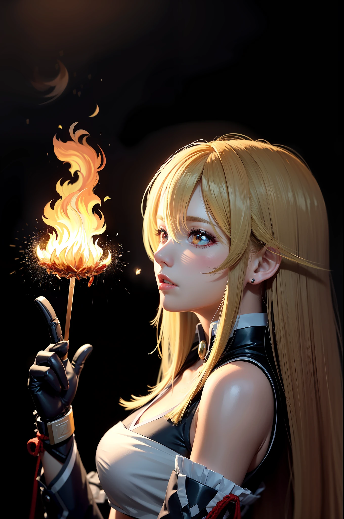 (8K, OriginalPhoto, Best quality, 巨作:1.4), Colorful, ultra detaile, Particle, Depth of field, Portrait, [sketch], volumettic light, ((Atmospheric light)), guangjiao, Flawless face, Flawless skin,
milla maxwell, Blonde hair, Long hair, Striped hair,  fantasy,  Fire magic, fire ball, looking  at viewer, casting spell, Standing,  ((Fire butterflies, flying sparks, Flames)),