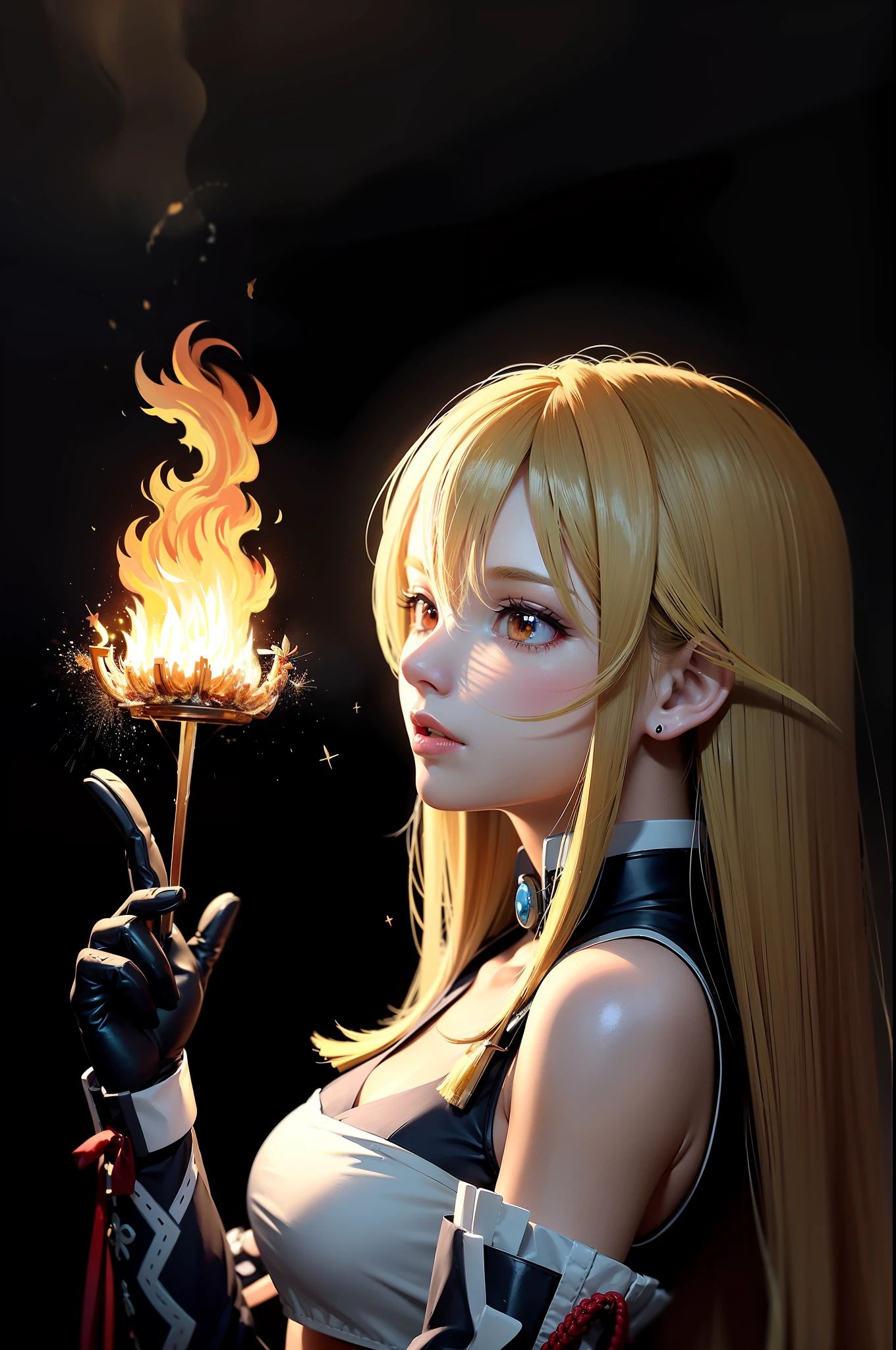 (8K, OriginalPhoto, Best quality, 巨作:1.4), Colorful, ultra detaile, Particle, Depth of field, Portrait, [sketch], volumettic light, ((Atmospheric light)), guangjiao, Flawless face, Flawless skin,
milla maxwell, Blonde hair, Long hair, Striped hair,  fantasy,  Fire magic, fire ball, looking  at viewer, casting spell, Standing,  ((Fire butterflies, flying sparks, Flames)),