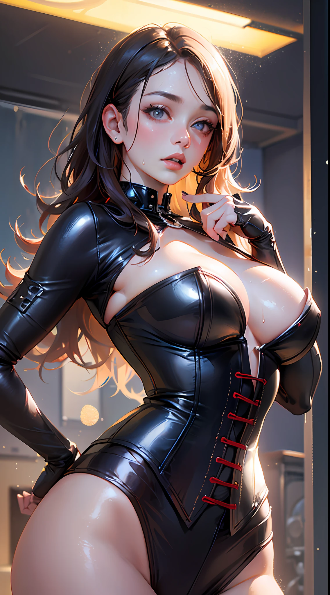 Rubber, Corset, Red Collar, ((Top Quality, Masterpiece: 1.3)), Beautiful Woman with Perfect Figure: 1.1, Glamorous Figure, Overflowing Breasts, Tightly Squeezed Waist, (Seductive Buttocks), Wet Body: 1.5, Very Detailed Face and Skin Texture, Detailed Eyes, (photorealistic:1.4), bokeh, from below,epic realistic,