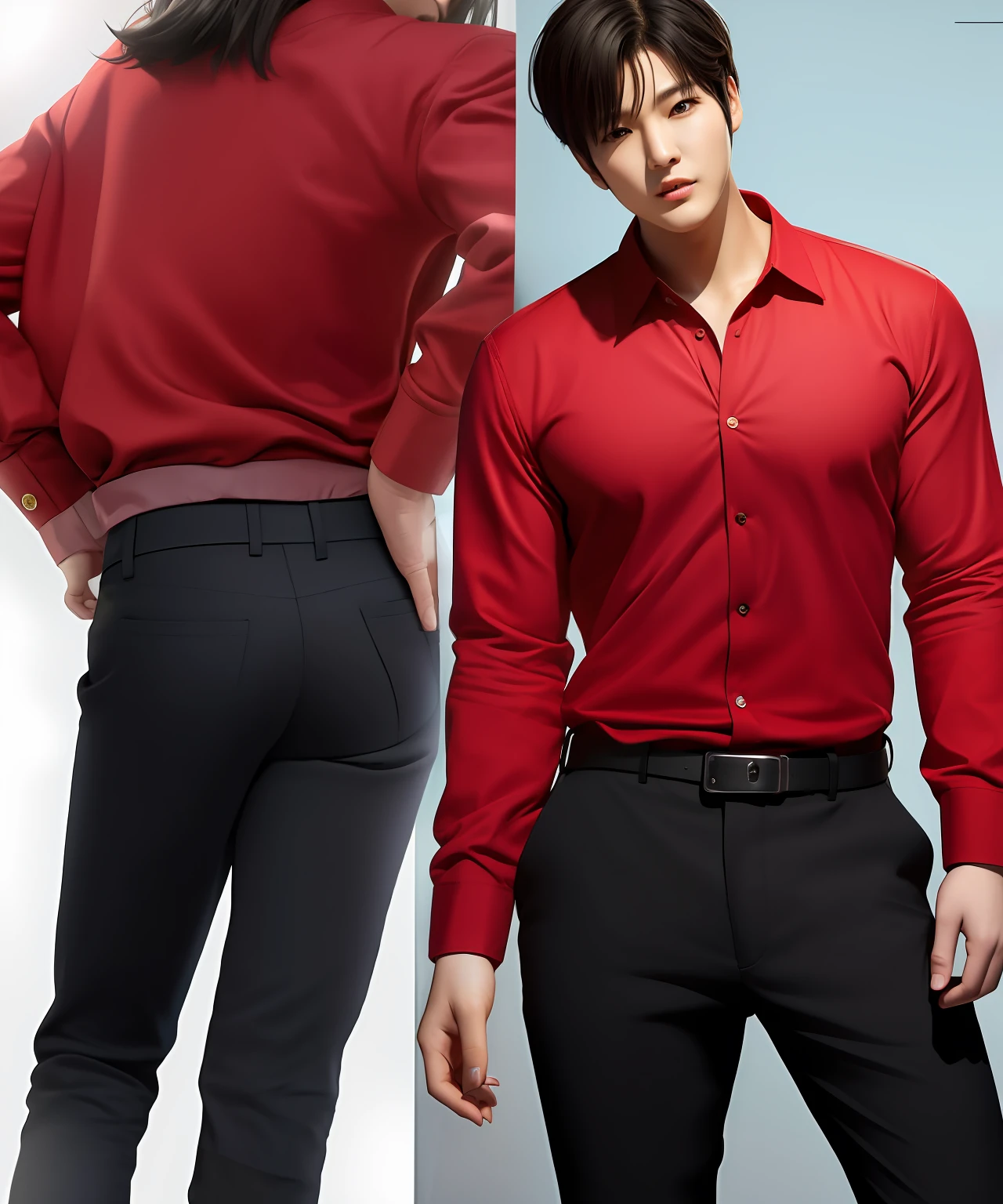 Lee min-ho, Um homem coreano bonito, alto e sexy, wearing black pants and red shirt, segurando 1 rosa, olhos grandes, in Hip Photography,Pastel shades, ArtStation, CGSociety, complexo,alto detalhe, foco claro, dramatic, Pictorial realist