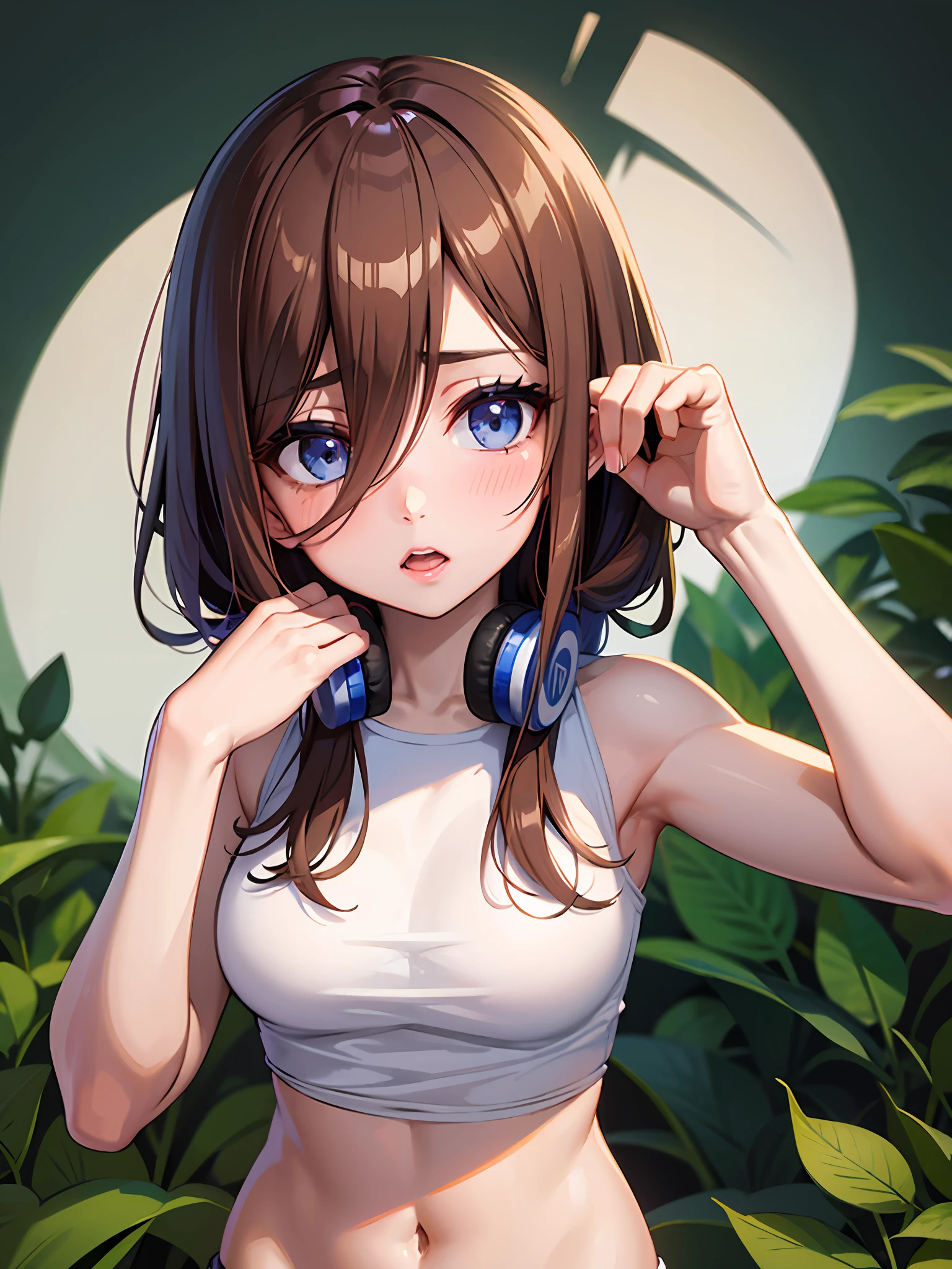 obra maestra, mejor calidad, 1girl, (cuerpo entero), Miku, (brown-hair), Shy up, sonrojado, (long eye lashes), (maquillaje hermoso),1girl, 20 years old, solo, lenceria, Muslos anchos, pechos firmes, en sala de estar, mirando al espectador, manos en la cintura