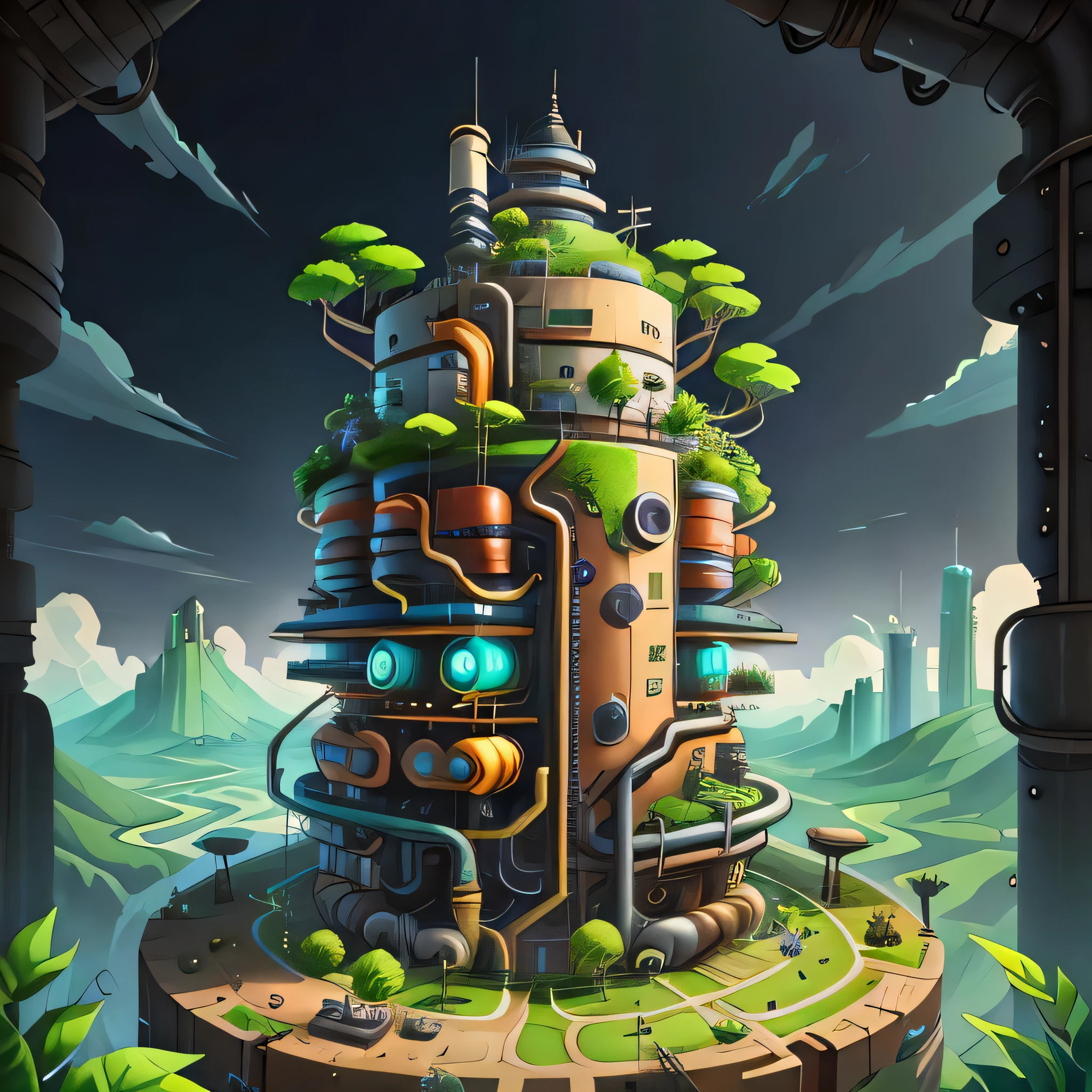 industrial tower, isometric, cartoon illustration, (Green-Powered:0.4), (SolarPunkAI:0.4) ;