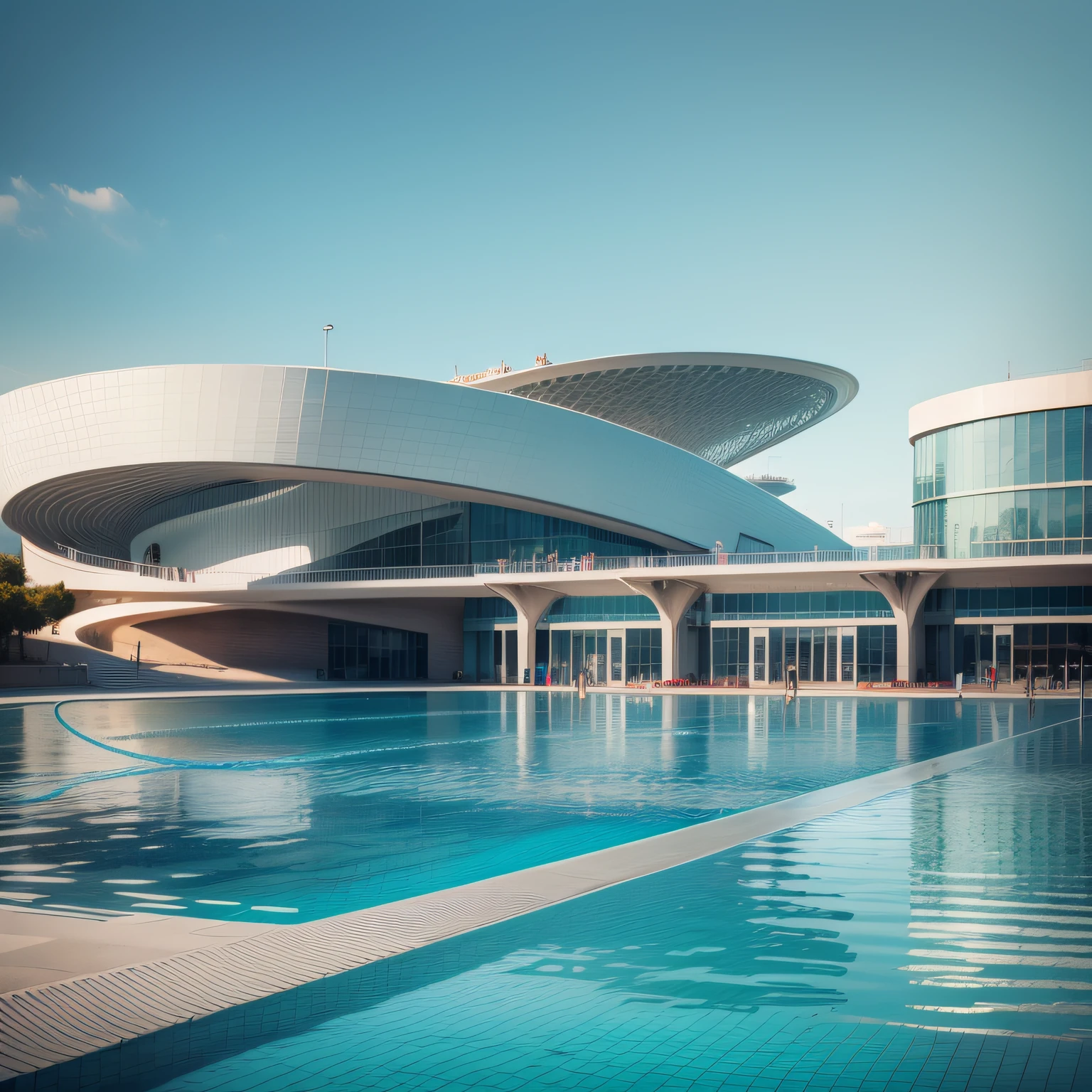 An aquatics centre beside the waterfront, breathtaking structure, por Santiago Calatrava, natural elements — ar 16