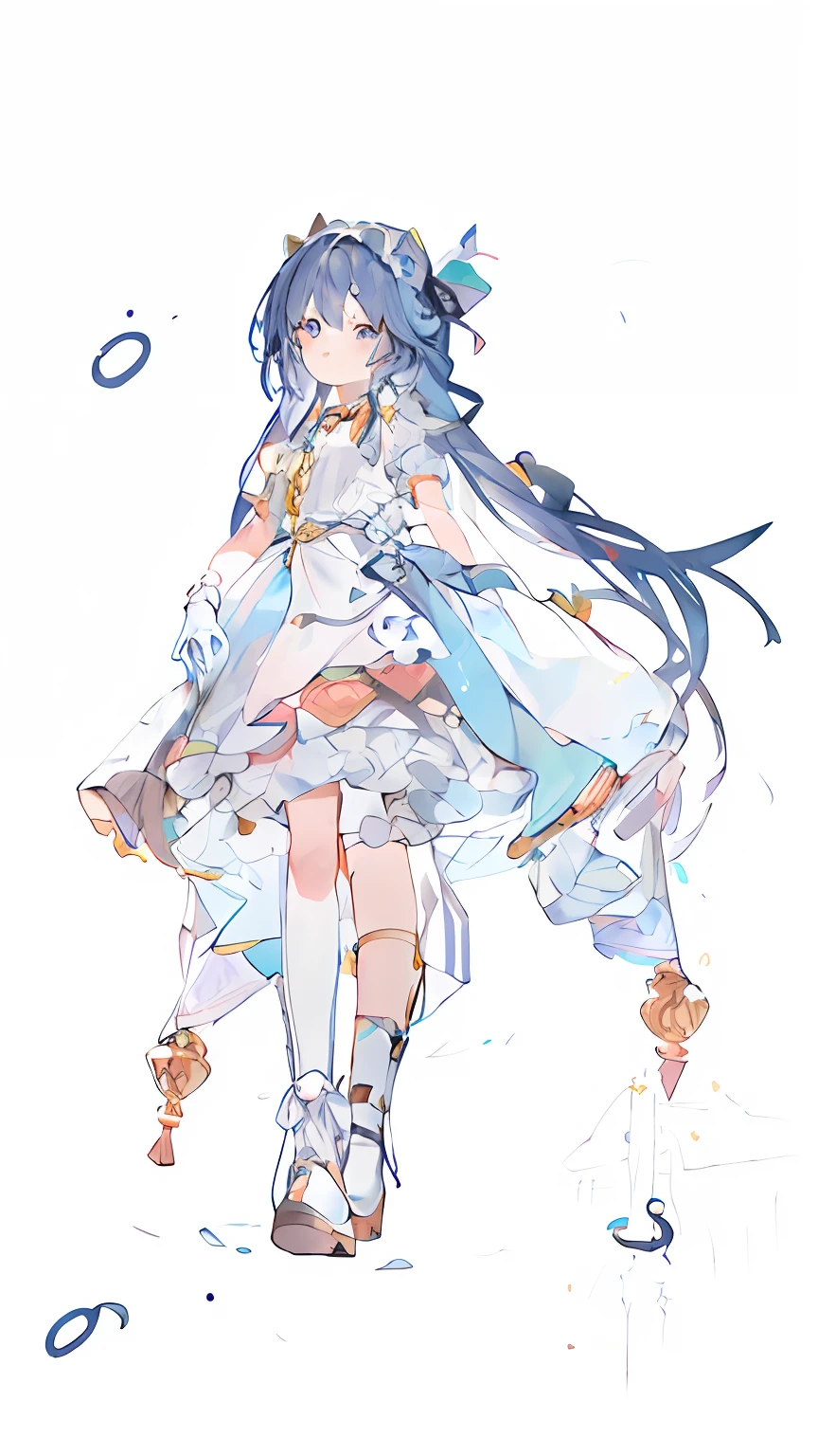 (zerochan art:multiple styles+pixiv contest winner, Food stewards:multiple styles+Simple hand drawn, Kamagurka:multiple styles+Retro+Cartoony, Genbu-an:Simple+bright, Shitao + Love light:Simple hand drawn+biaoqingbao+White dress)。White ta with blue double ponytailed beautiful girl, The style is dominated by pixiv,,The overall picture is in the style of a human anime, Mainly dark blue and white,Add hands, White gloves, Small animal elements,Detailing。