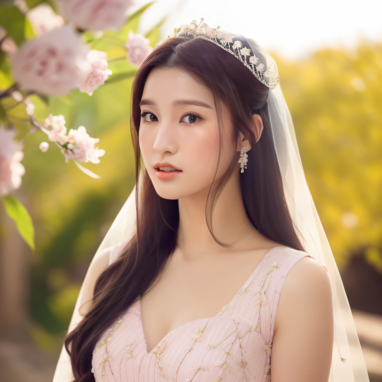 best quality, ultra high res, (photorealistic:1.8), 1girl, blue_sky, blurry, blurry_background, blurry_foreground, branch, bridal_veil, bride, cherry_blossoms, chinese_clothes, curtain_grab, curtains, day, depth_of_field, flower, hanami, hanfu, lips, long_hair, outdoors, parted_lips, petals, pink_flower, pink_theme, plum_blossoms, shawl, solo, solo_focus, spring_\(season\), tree, upper_body, veil, wedding, wedding_dress, wisteria,side face,chin down