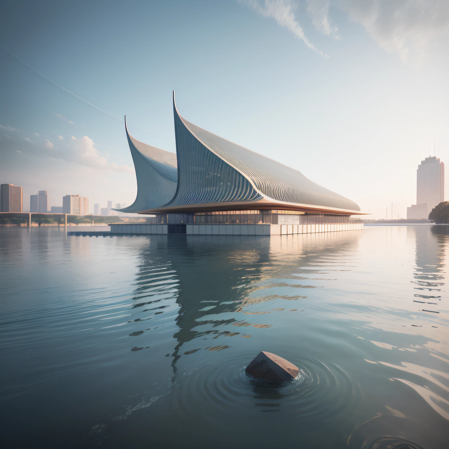 A modern city hall, over a serene body of water, minimal, inspired by Norman Foster — ar 16: