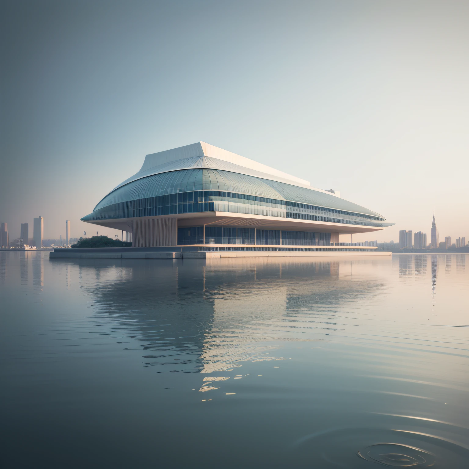 A modern city hall, over a serene body of water, minimal, inspired by Norman Foster — ar 16: