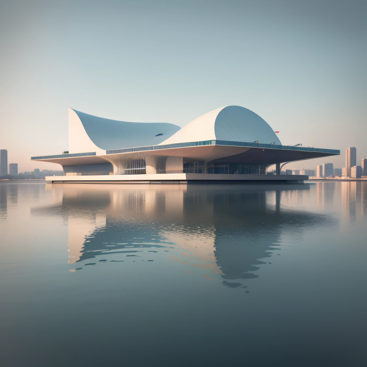 A modern city hall, over a serene body of water, minimal, inspired by Norman Foster — ar 16: