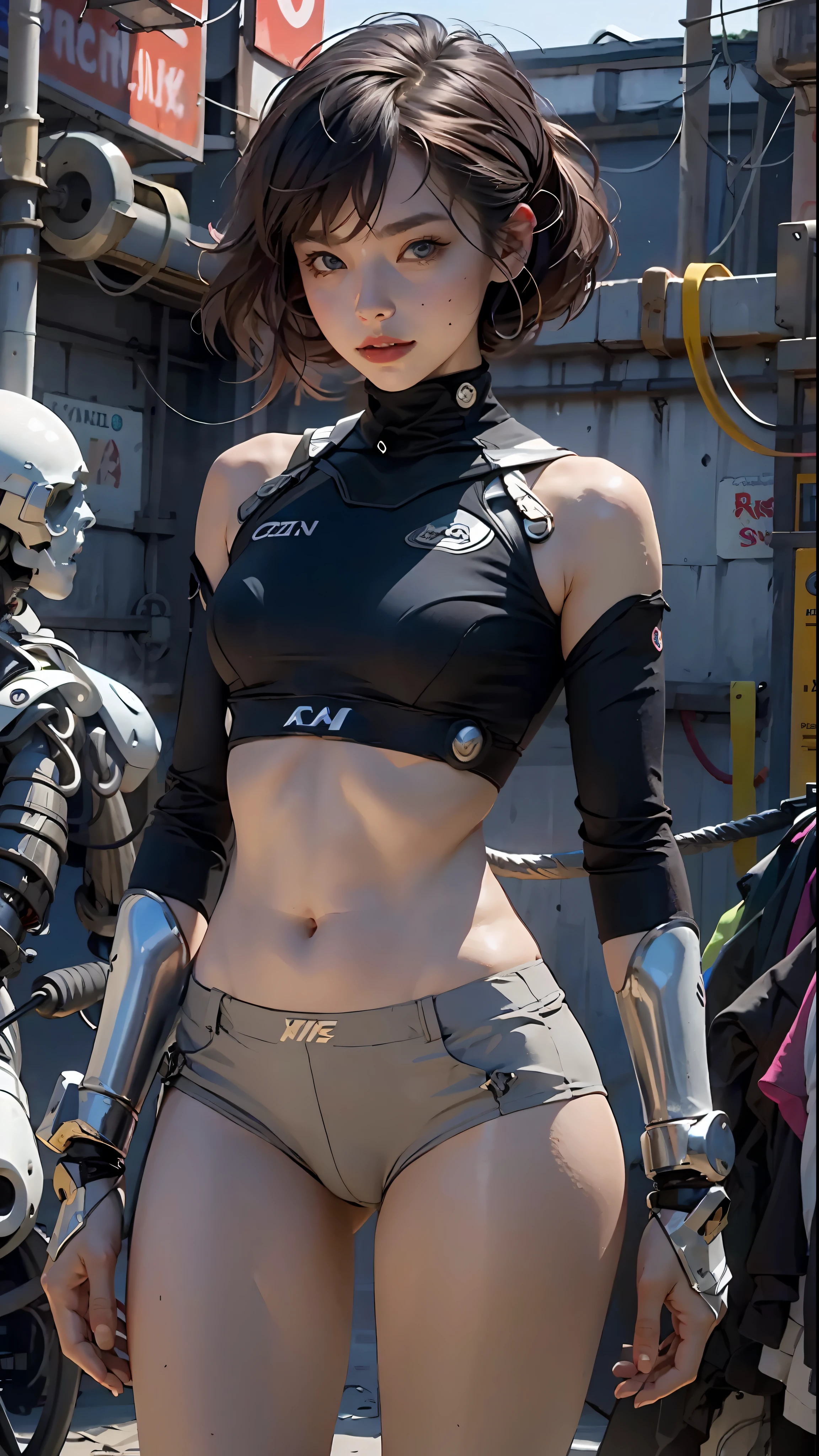 Woman body defined thick thighs cybernetic body parts, short underwear